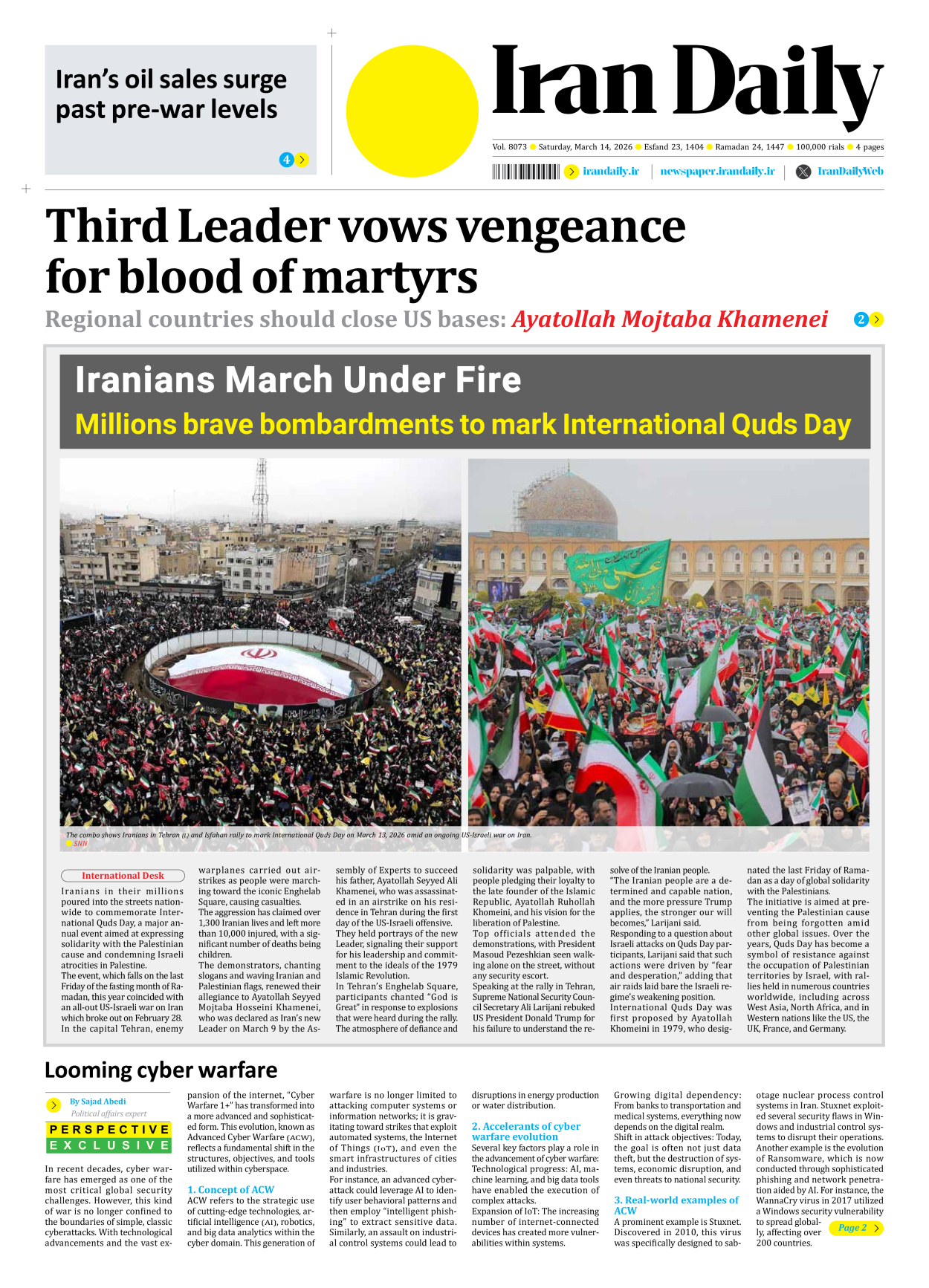 Iran Daily - Number Eight Thousand Nine Hundred and Seventy Three - 14 March 2026