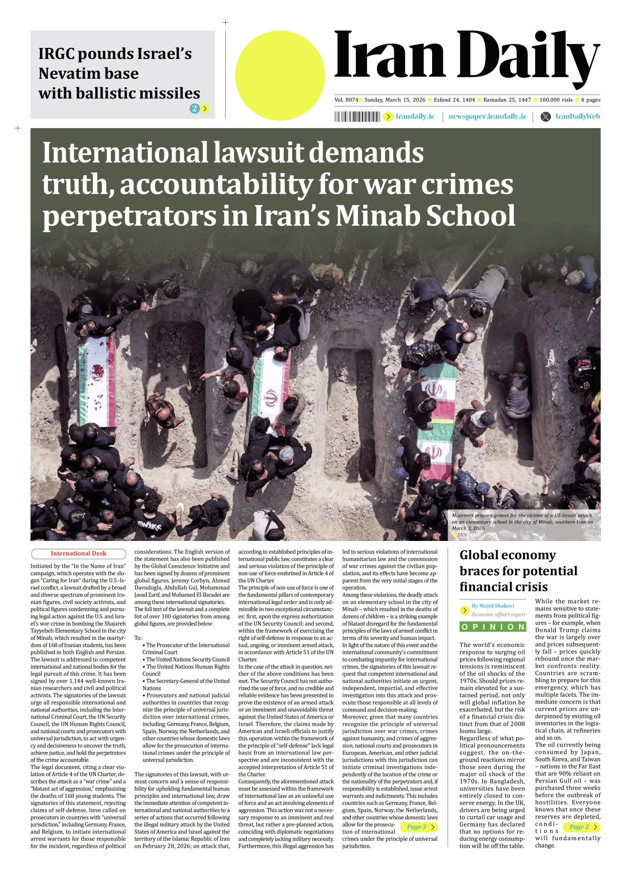 Iran Daily - Number Eight Thousand Nine Hundred and Seventy Four - 15 March 2026