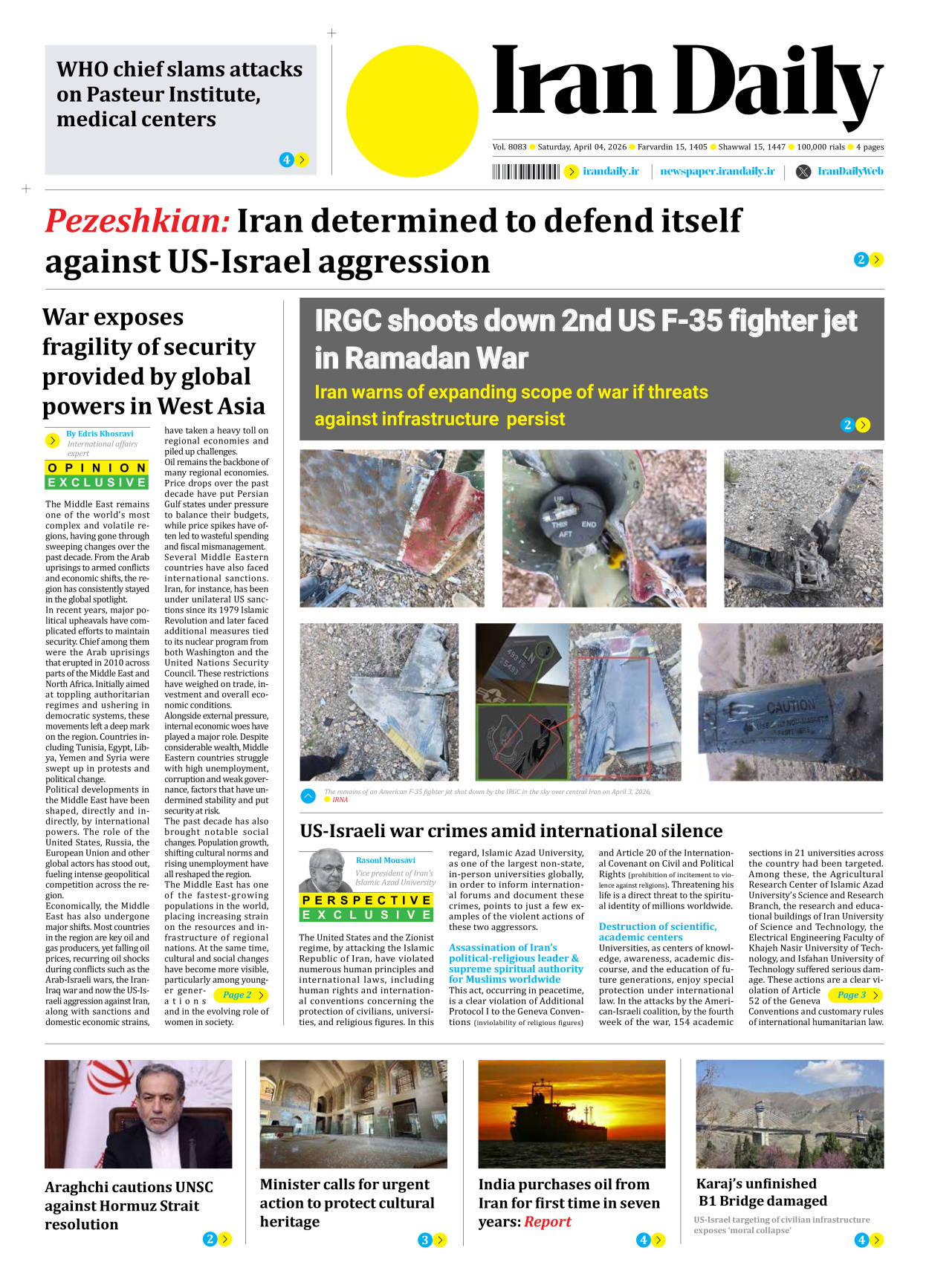 Iran Daily - Number Eight Thousand Nine Hundred and Eighty Three - 04 April 2026