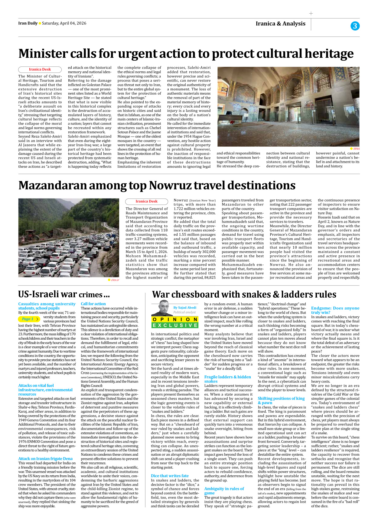 Iran Daily - Number Eight Thousand Nine Hundred and Eighty Three - 04 April 2026 - Page 3