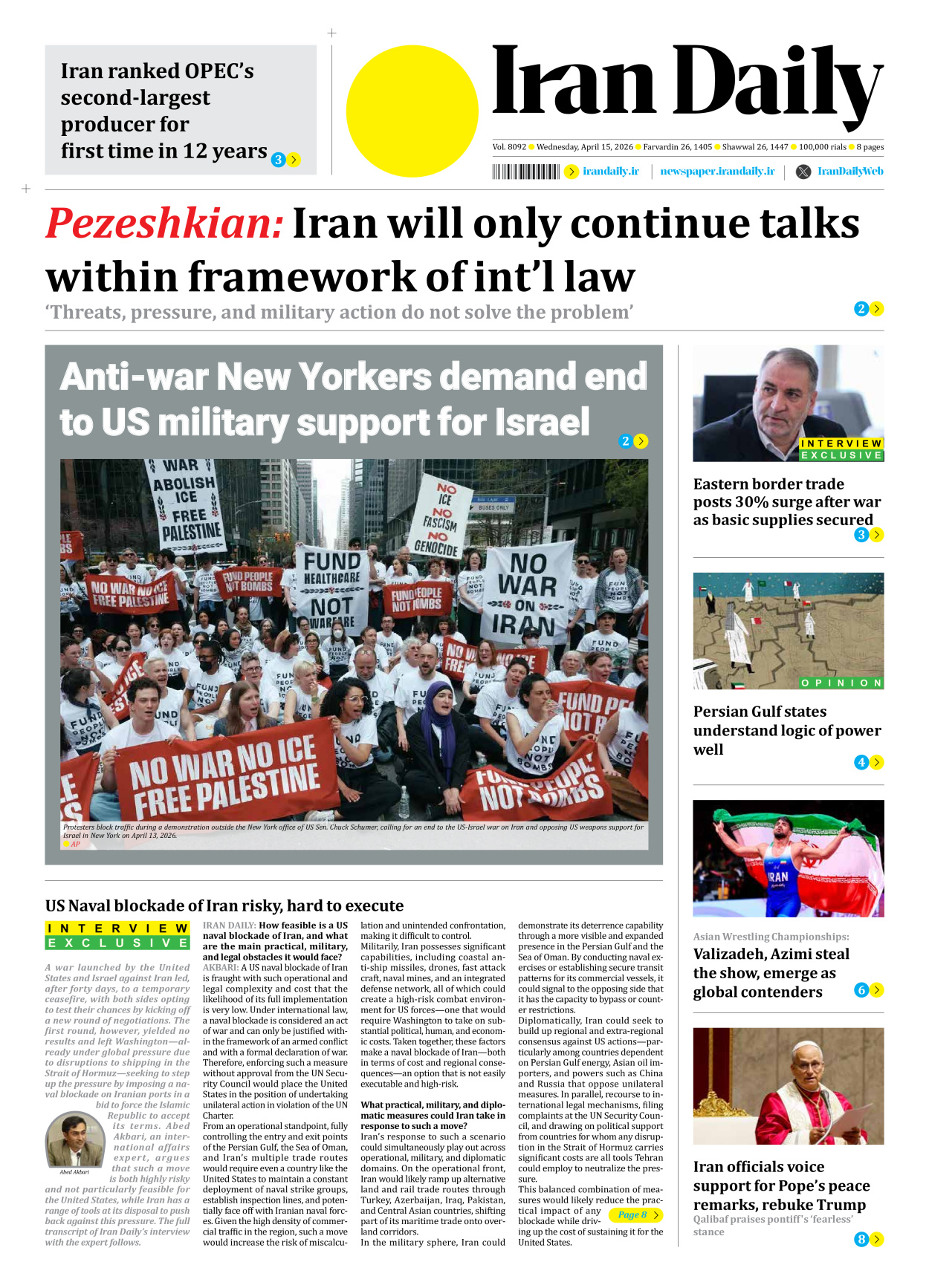 Iran Daily - Number Eight Thousand Nine Hundred and Ninety Two - 15 April 2026