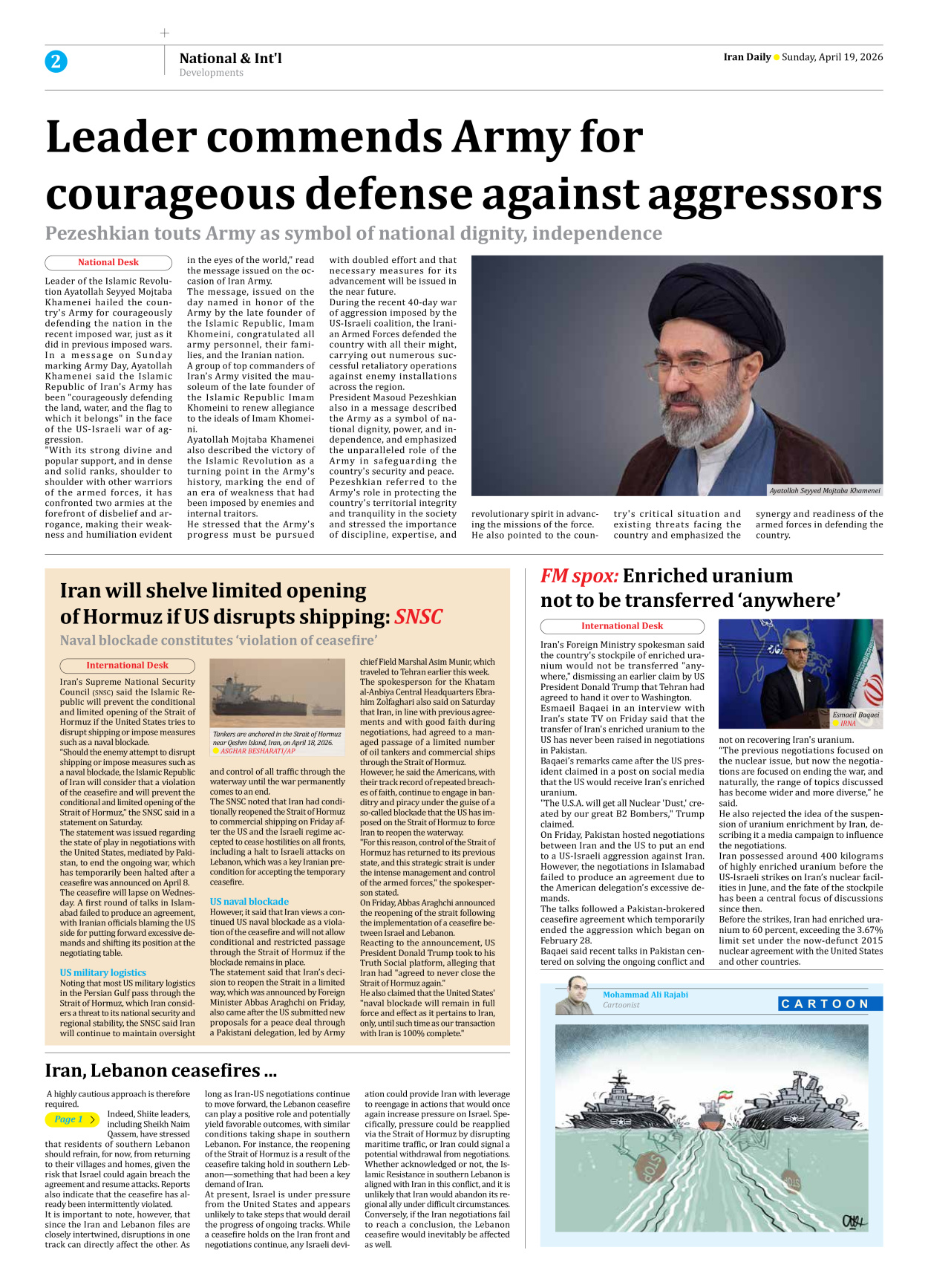 Iran Daily - Number Eight Thousand Nine Hundred and Ninety Five - 19 April 2026 - Page 2