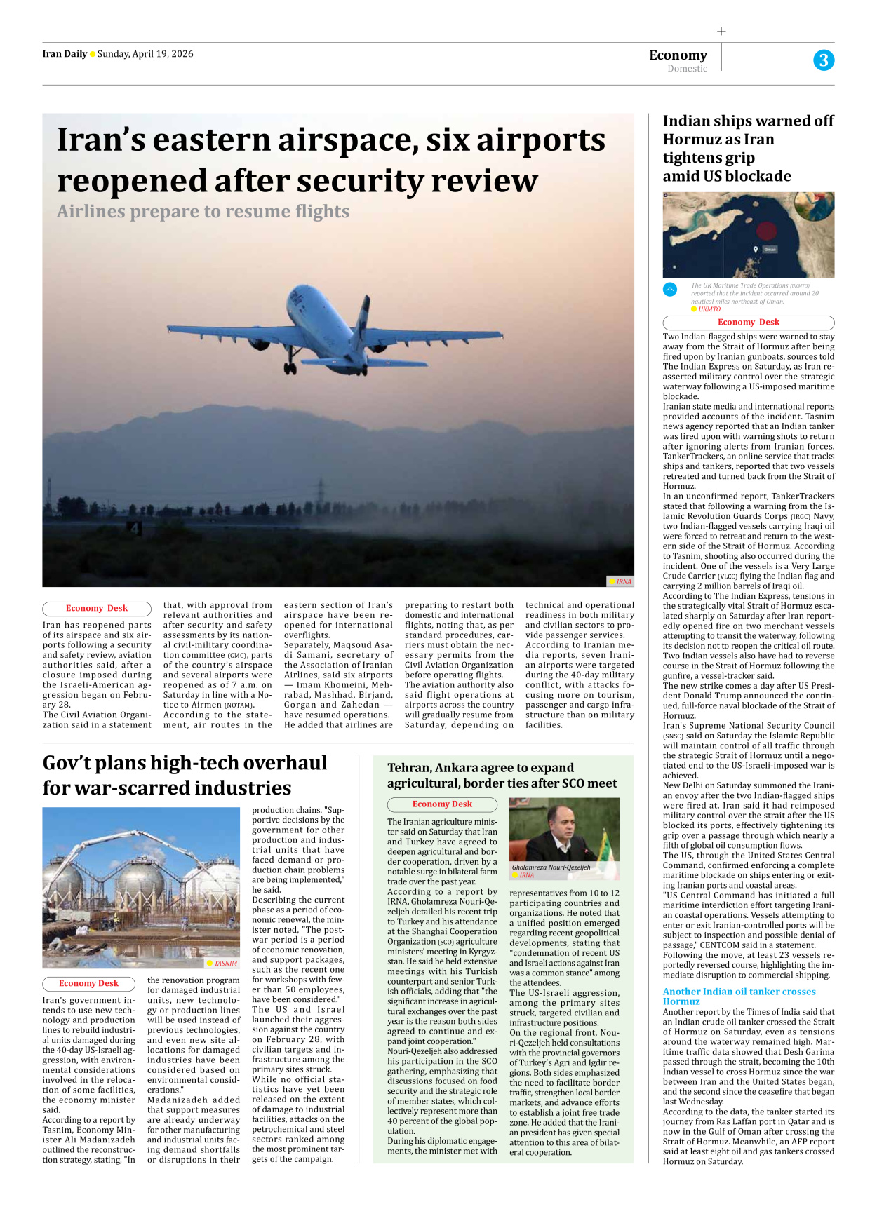 Iran Daily - Number Eight Thousand Nine Hundred and Ninety Five - 19 April 2026 - Page 3