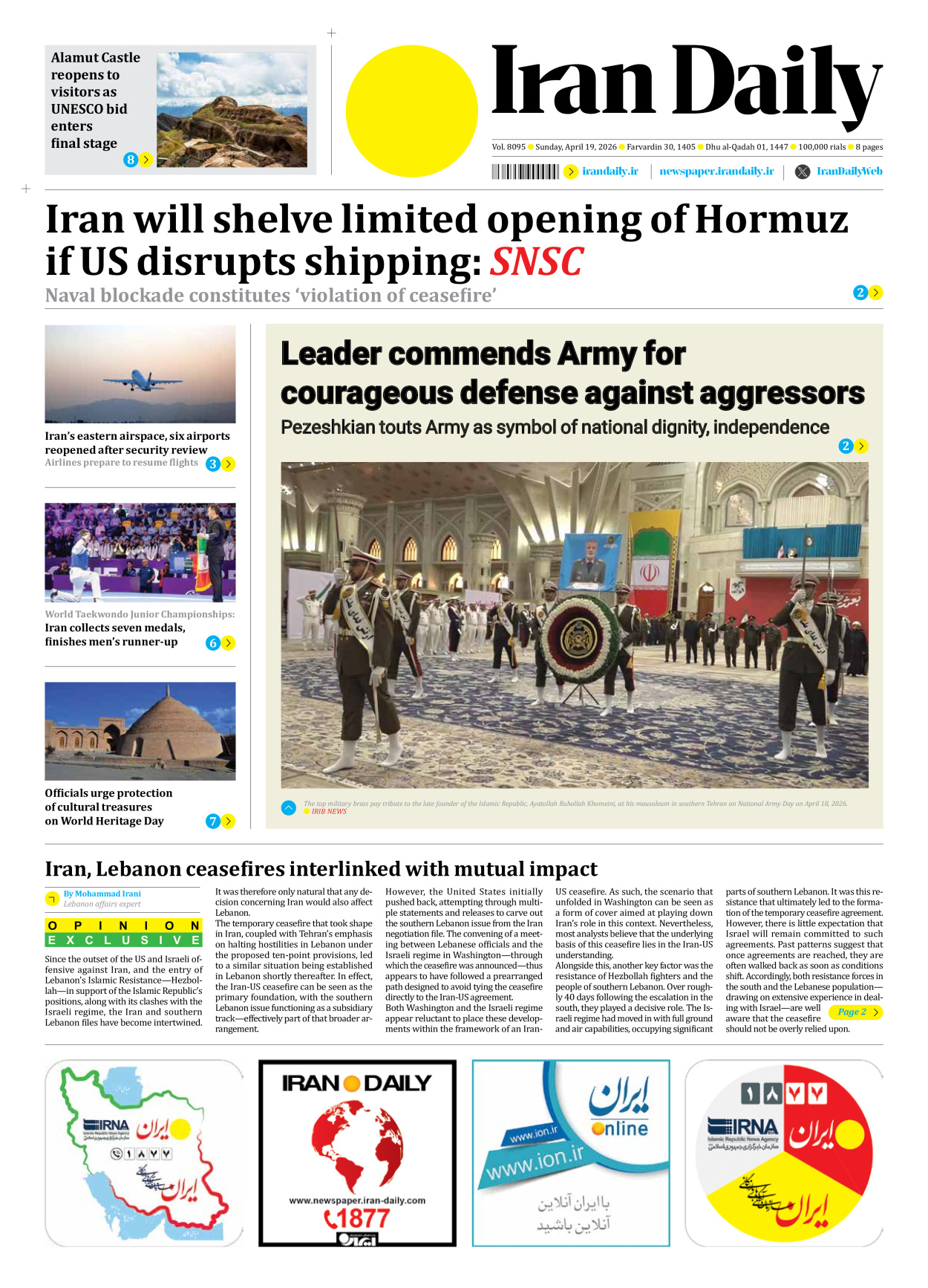 Iran Daily - Number Eight Thousand Nine Hundred and Ninety Five - 19 April 2026