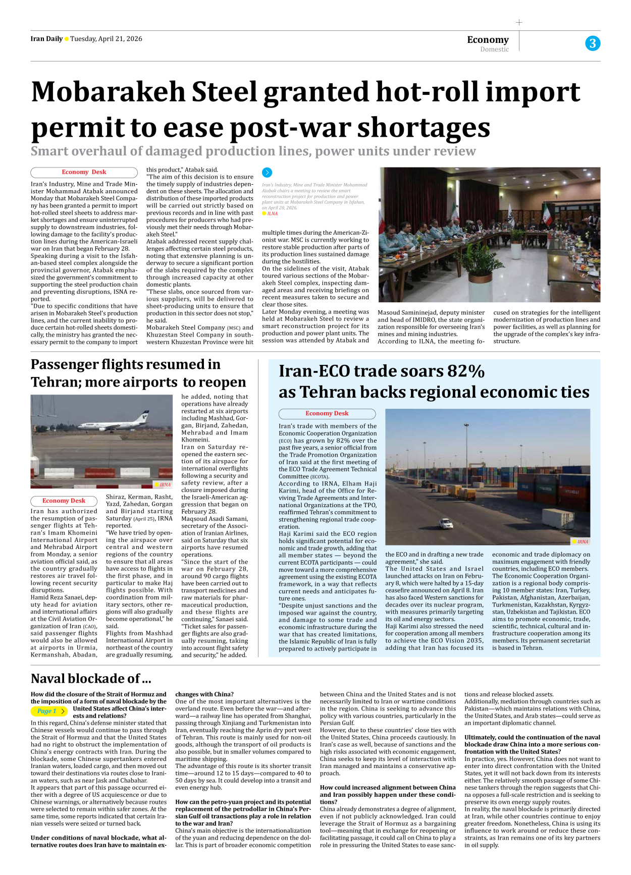 Iran Daily - Number Eight Thousand Nine Hundred and Ninety Seven - 21 April 2026 - Page 3