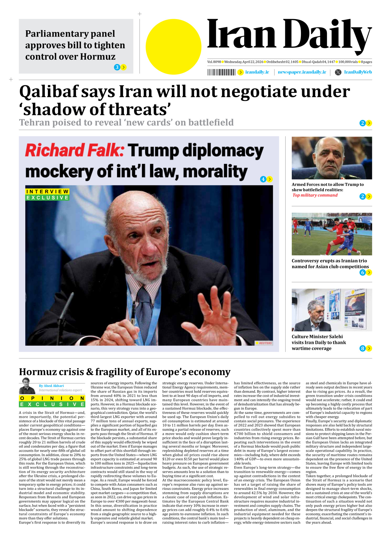 Iran Daily - Number Eight Thousand Nine Hundred and Ninety Eight - 22 April 2026