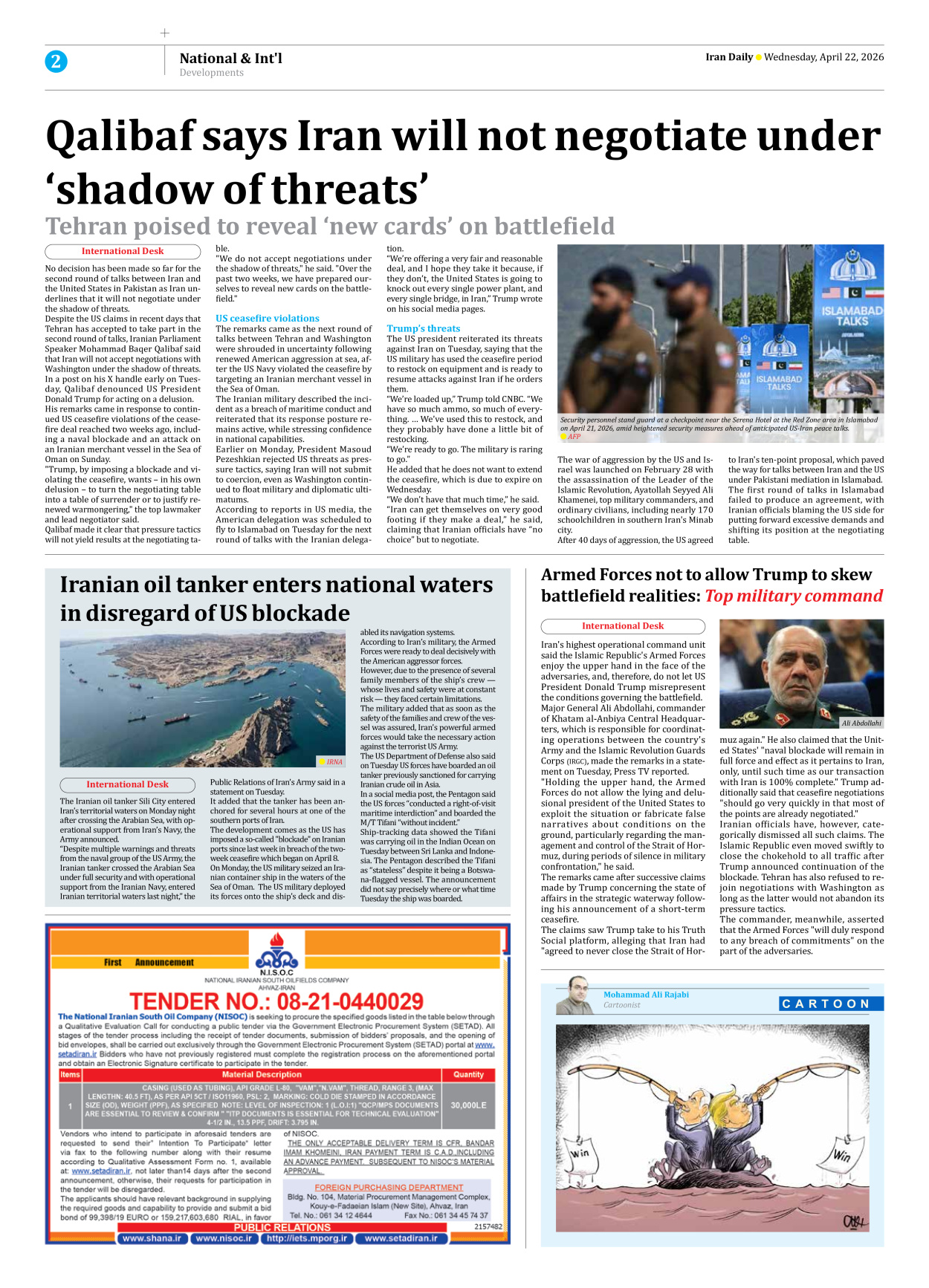 Iran Daily - Number Eight Thousand Nine Hundred and Ninety Eight - 22 April 2026 - Page 2