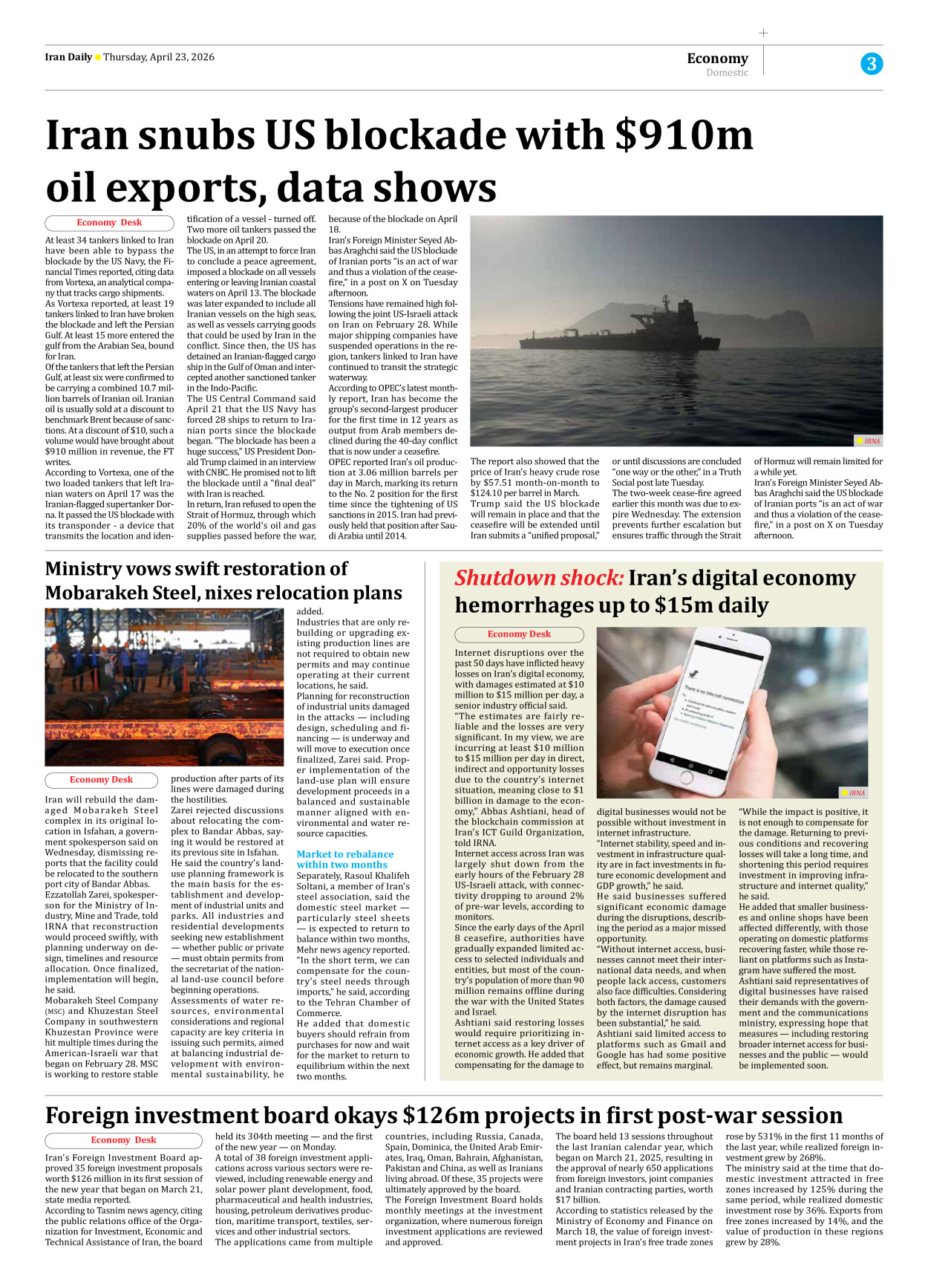 Iran Daily - Number Eight Thousand Ninety Nine - 23 April 2026 - Page 3