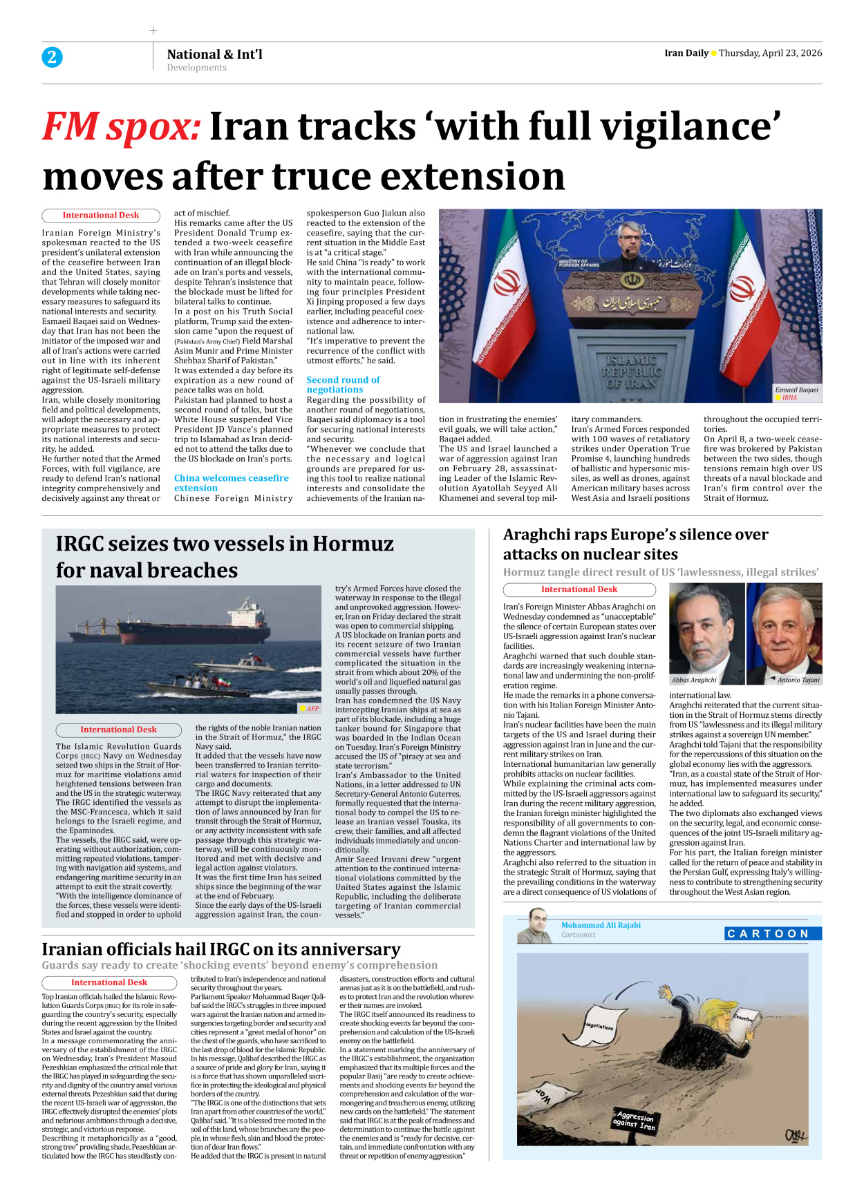 Iran Daily - Number Eight Thousand Ninety Nine - 23 April 2026 - Page 2