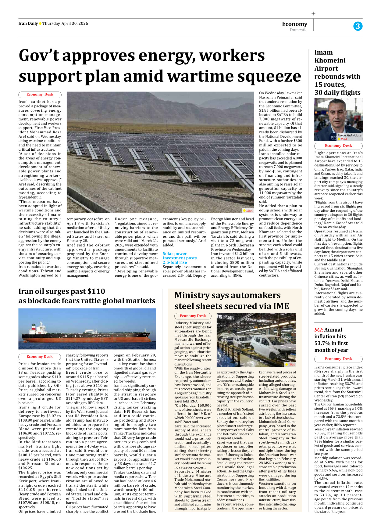 Iran Daily - Number Eight Thousand One Hundred and Five - 30 April 2026 - Page 3