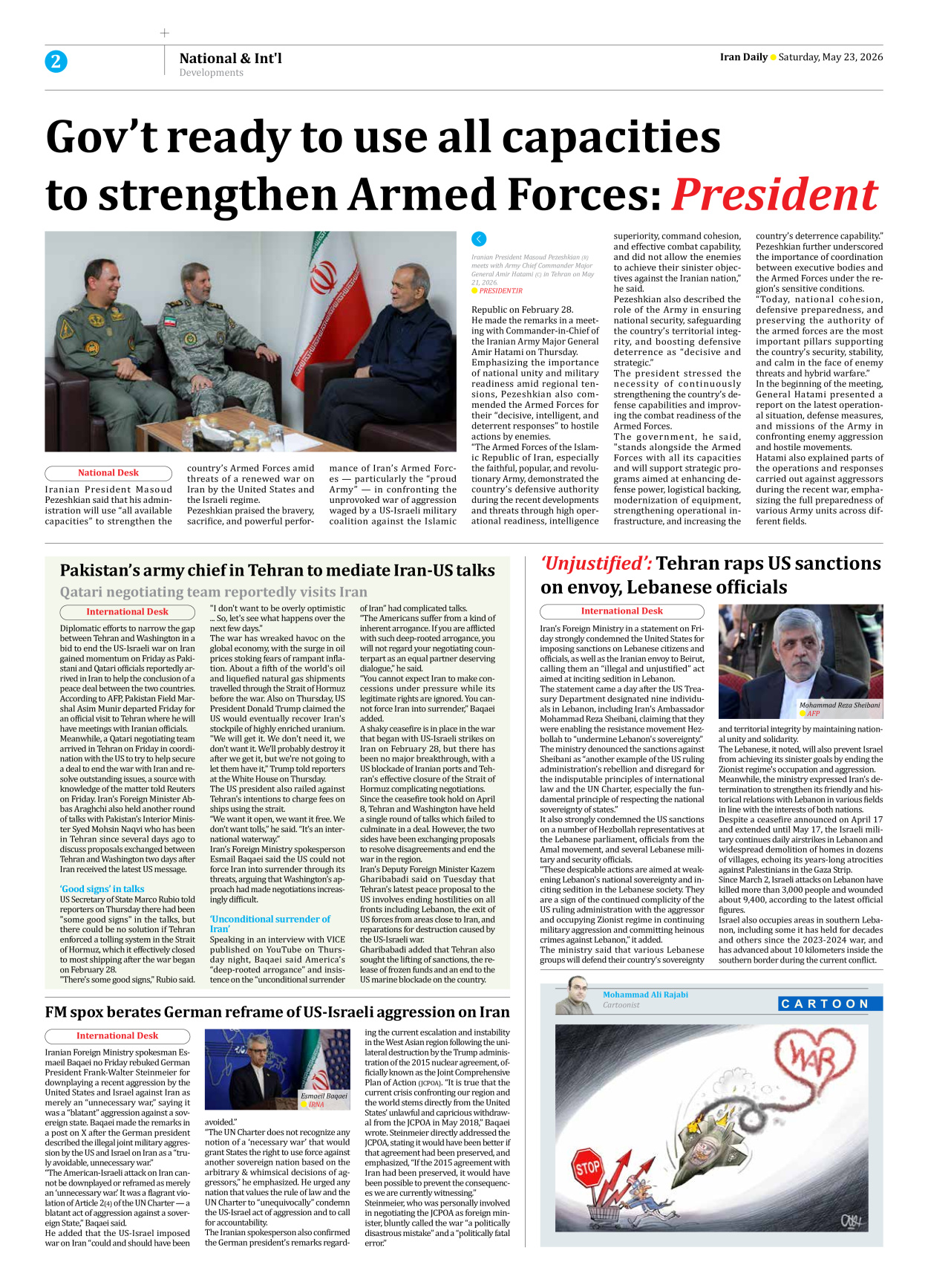 Iran Daily - Number Eight Thousand One Hundred and Twenty Four - 23 May 2026 - Page 2