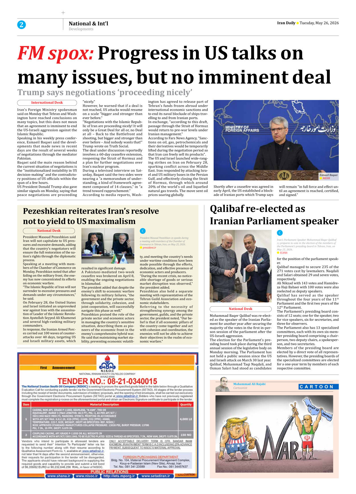 Iran Daily - Number Eight Thousand One Hundred and Twenty Seven - 26 May 2026 - Page 2