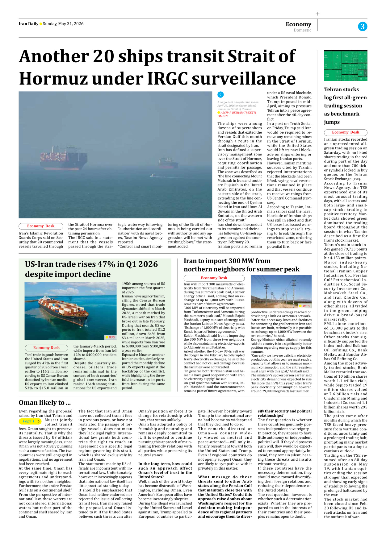 Iran Daily - Number Eight Thousand One Hundred and Twenty Nine - 31 May 2026 - Page 3