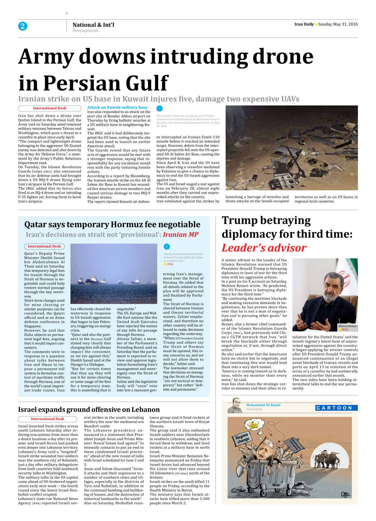 Iran Daily - Number Eight Thousand One Hundred and Twenty Nine - 31 May 2026 - Page 2