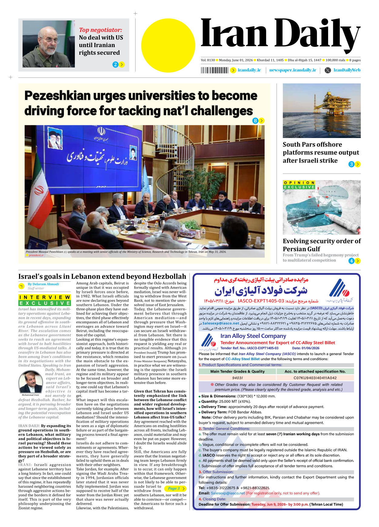 Iran Daily - Number Eight Thousand One Hundred and Thirty - 01 June 2026