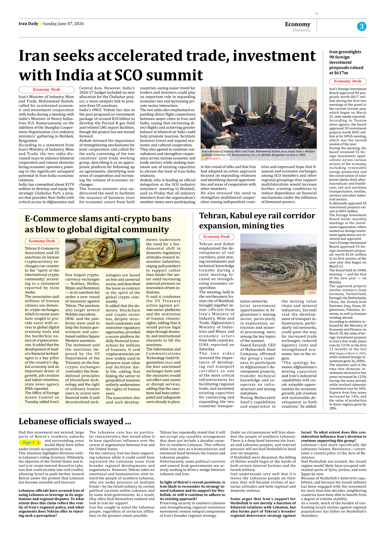 Iran Daily - Number Eight Thousand One Hundred and Thirty Four - 07 June 2026 - Page 3