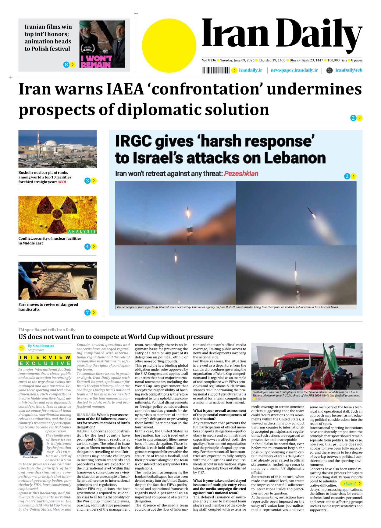 Iran Daily - Number Eight Thousand One Hundred and Thirty Six - 09 June 2026