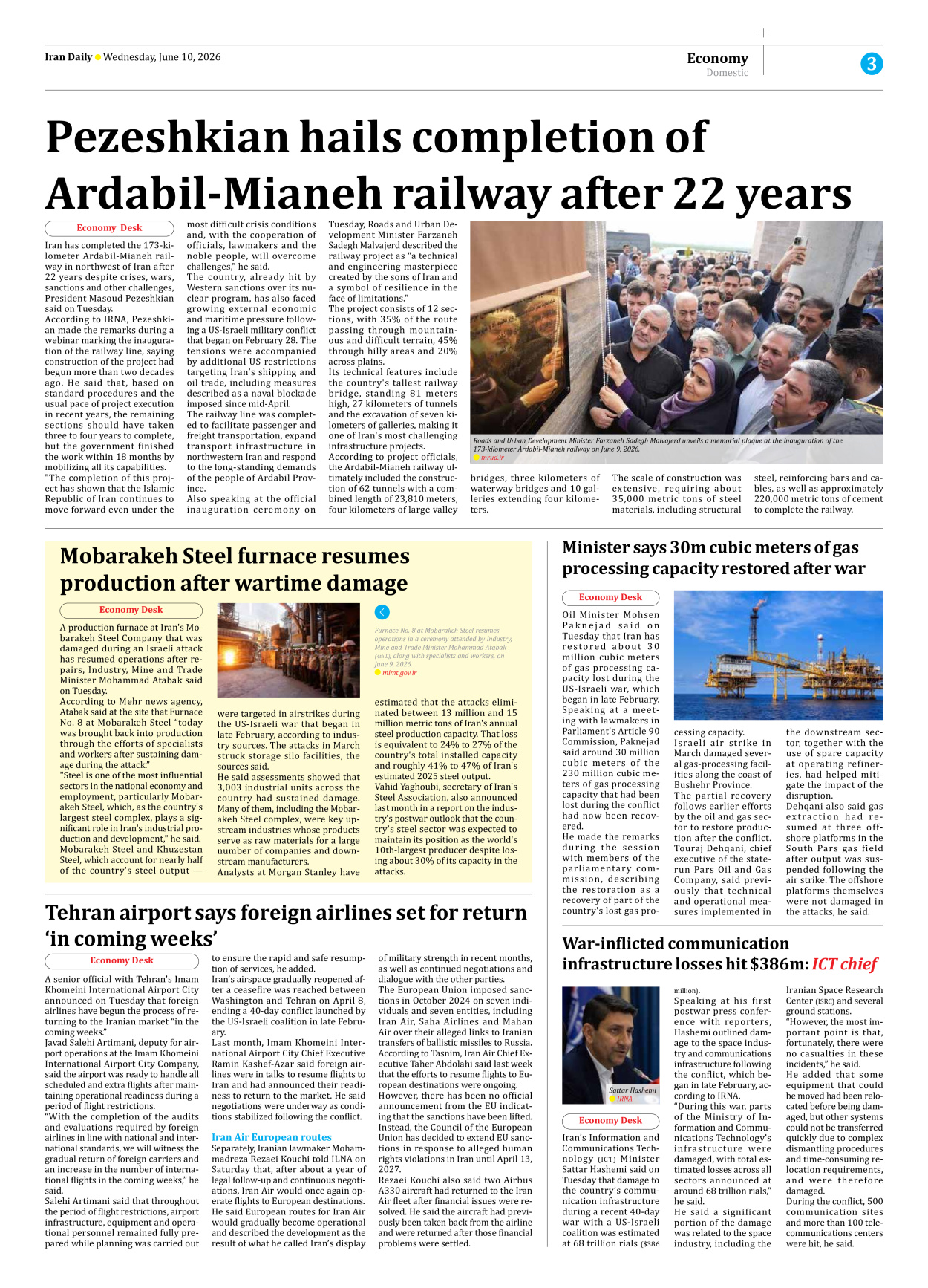 Iran Daily - Number Eight Thousand One Hundred and Thirty Seven - 10 June 2026 - Page 3