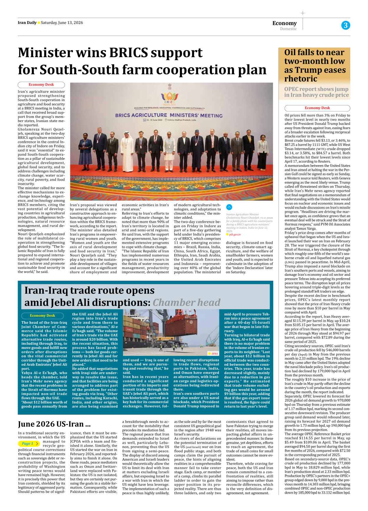 Iran Daily - Number Eight Thousand One Hundred and Thirty Nine - 13 June 2026 - Page 3
