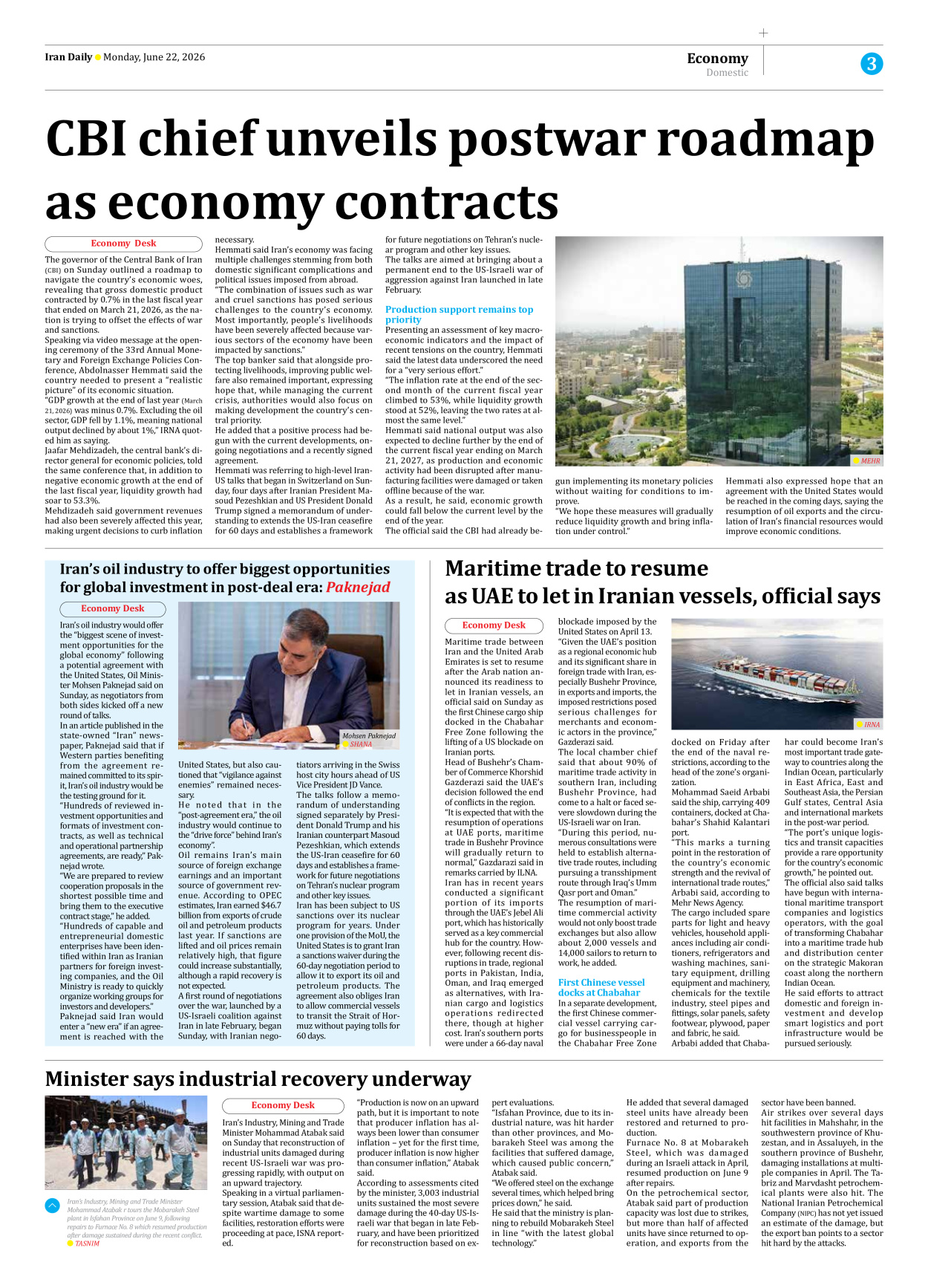 Iran Daily - Number Eight Thousand One Hundred and Forty Seven - 22 June 2026 - Page 3