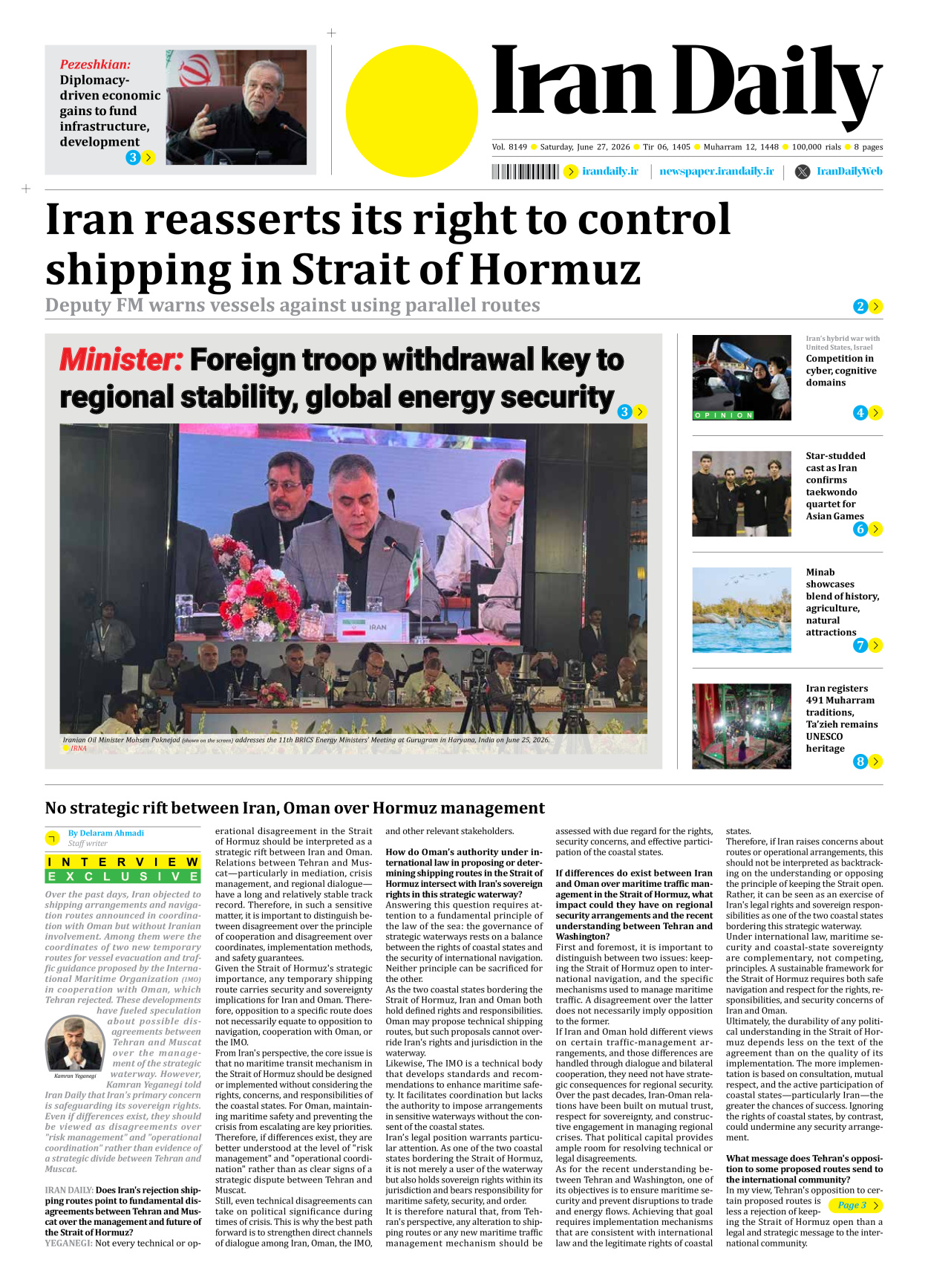 Iran Daily - Number Eight Thousand One Hundred and Forty Nine - 27 June 2026
