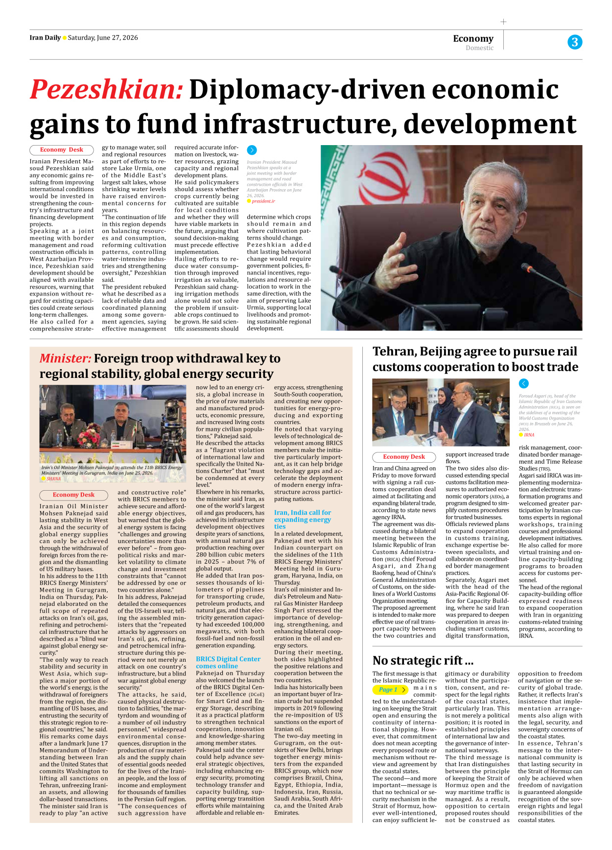 Iran Daily - Number Eight Thousand One Hundred and Forty Nine - 27 June 2026 - Page 3