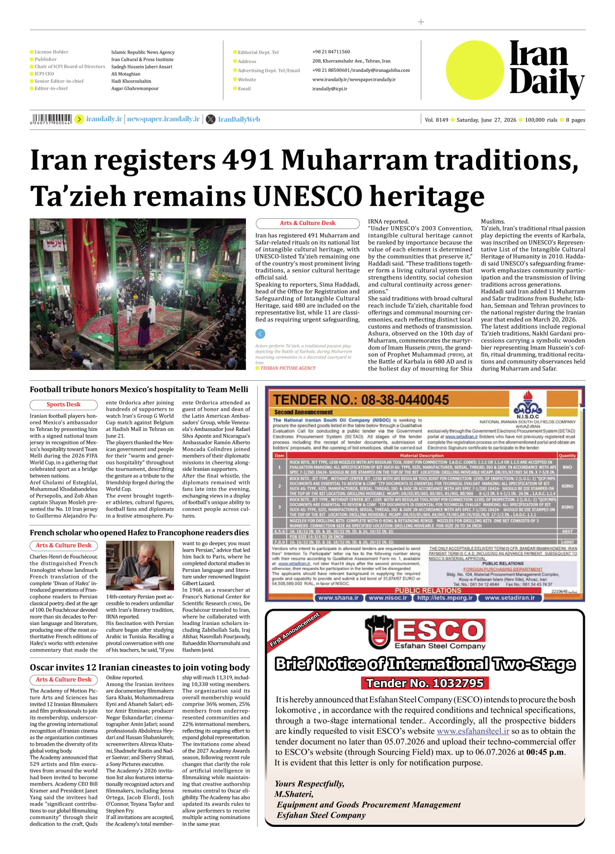 Iran Daily - Number Eight Thousand One Hundred and Forty Nine - 27 June 2026 - Page 8