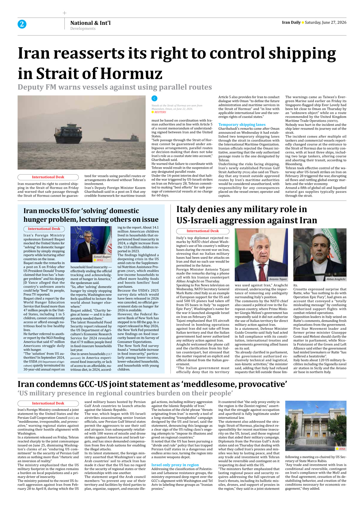 Iran Daily - Number Eight Thousand One Hundred and Forty Nine - 27 June 2026 - Page 2