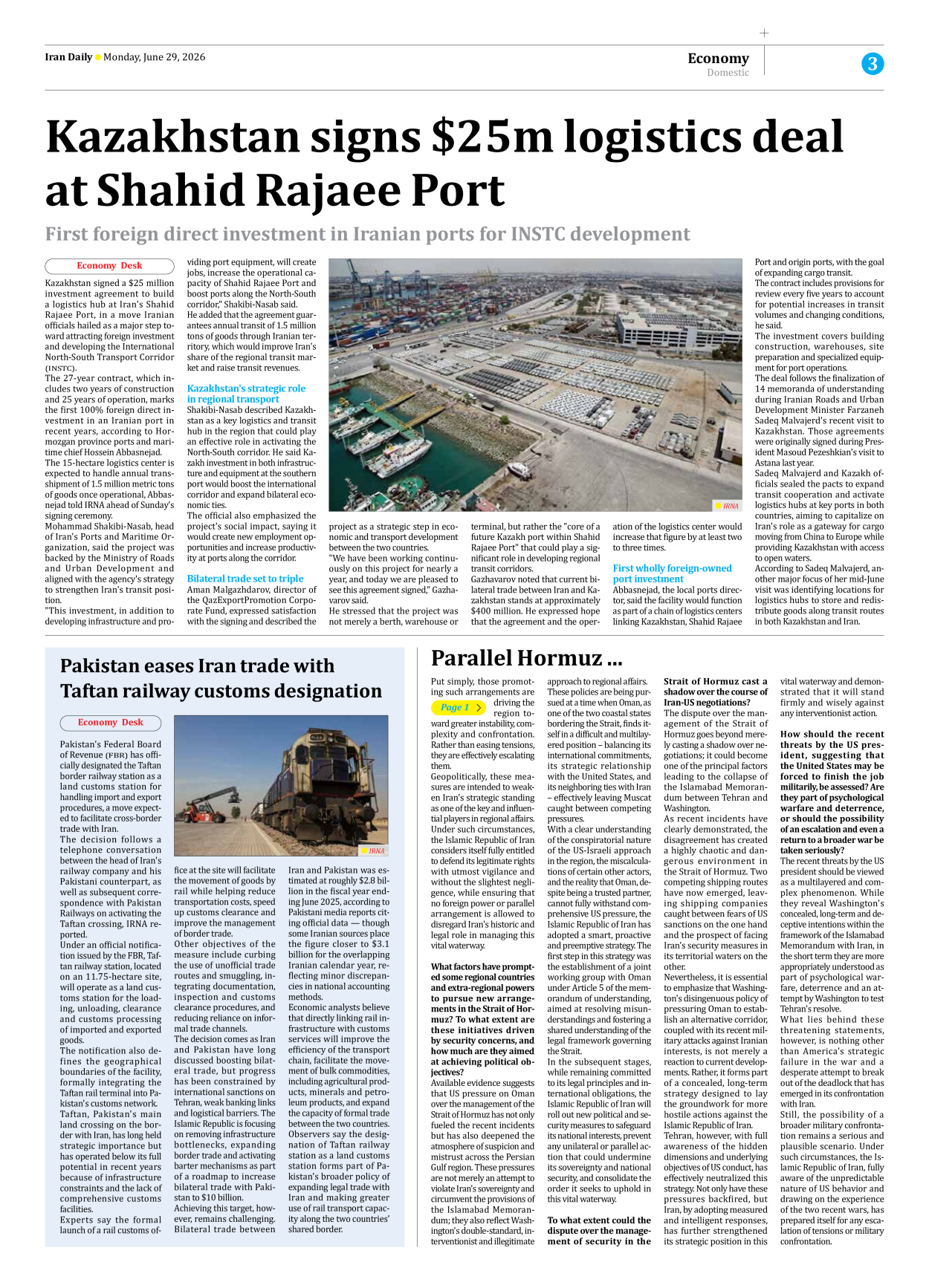 Iran Daily - Number Eight Thousand One Hundred and Fifty One - 29 June 2026 - Page 3