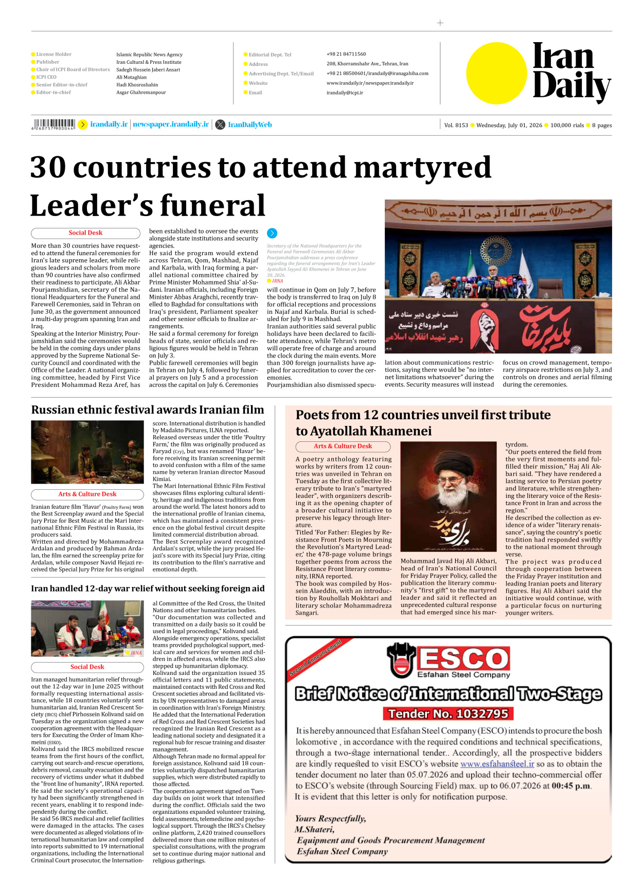 Iran Daily - Number Eight Thousand One Hundred and Fifty Three - 01 July 2026 - Page 8