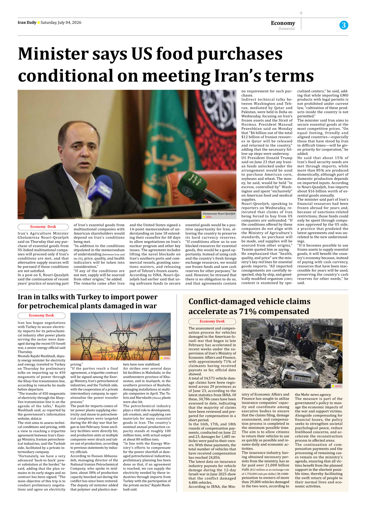 Iran Daily - Number Eight Thousand One Hundred and Fifty Five - 04 July 2026 - Page 3