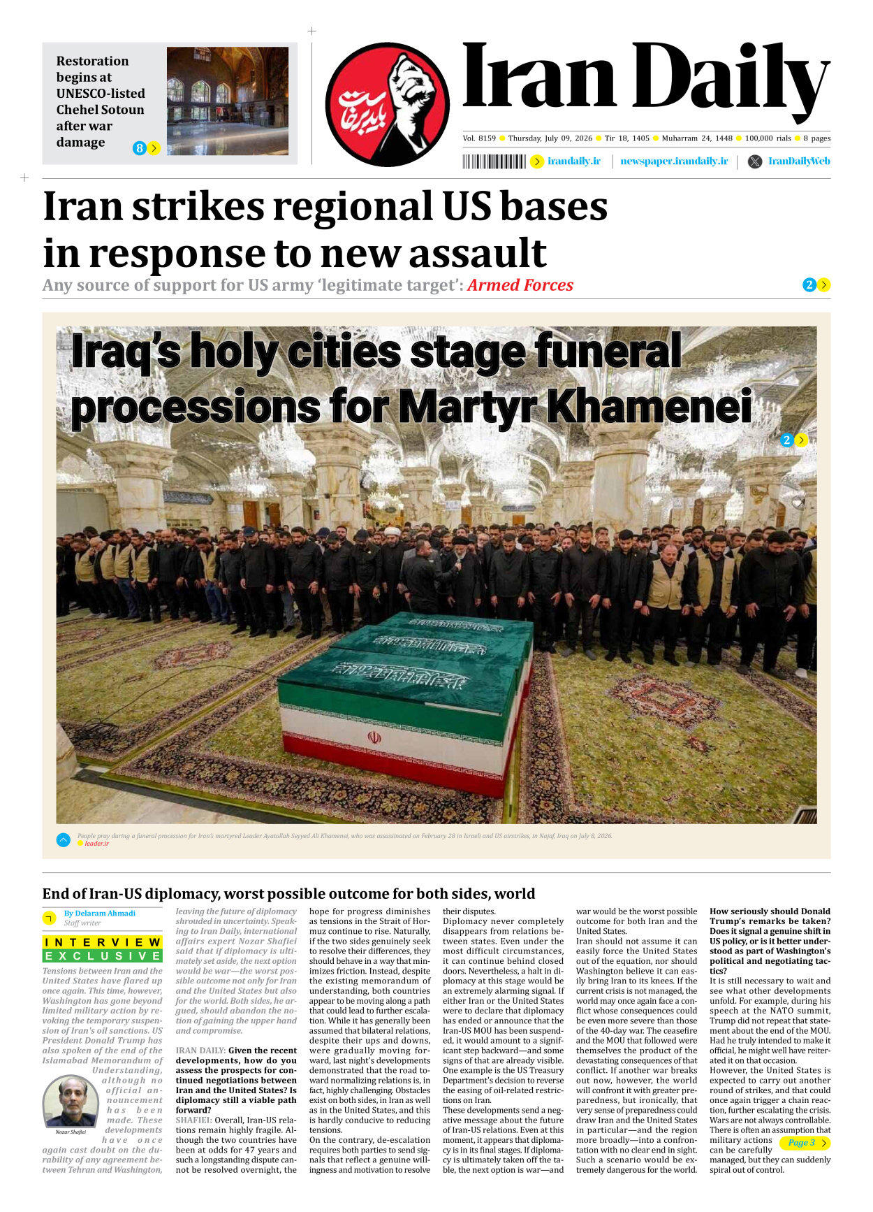 Iran Daily - Number Eight Thousand One Hundred and Fifty Nine - 09 July 2026
