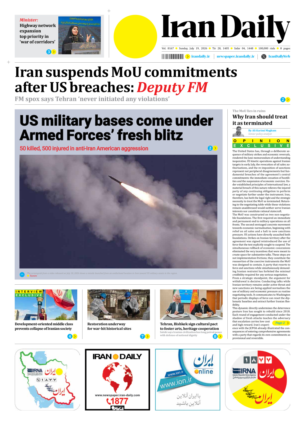 Iran Daily - Number Eight Thousand One Hundred and Sixty Seven - 19 July 2026