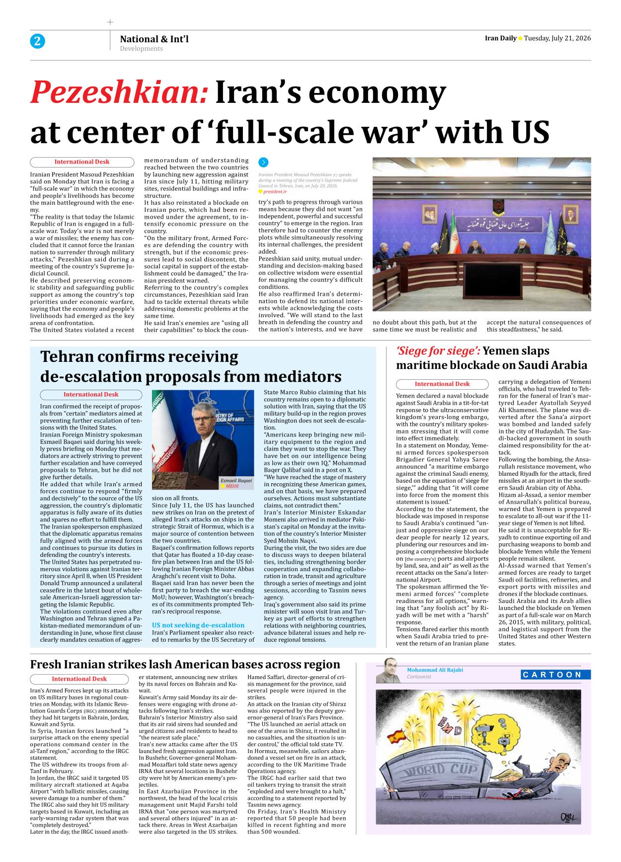 Iran Daily - Number Eight Thousand One Hundred and Sixty Nine - 21 July 2026 - Page 2