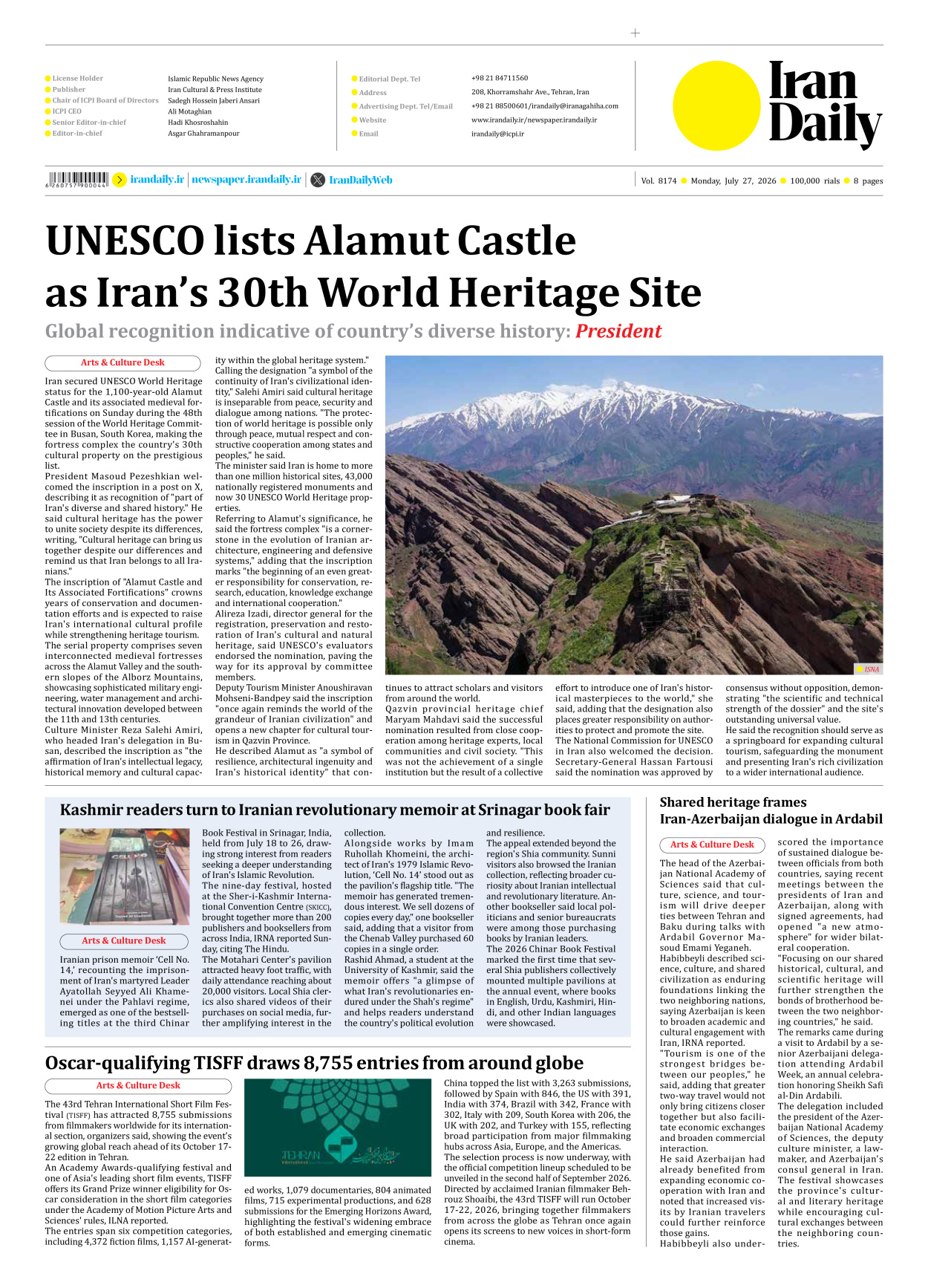 Iran Daily - Number Eight Thousand One Hundred and Seventy Four - 27 July 2026 - Page 8