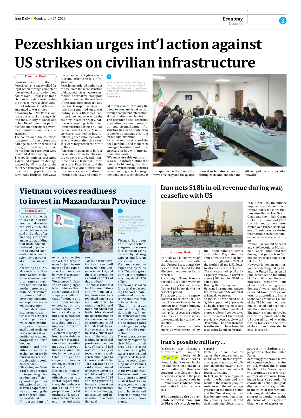 Iran Daily - Number Eight Thousand One Hundred and Seventy Four - 27 July 2026 - Page 3