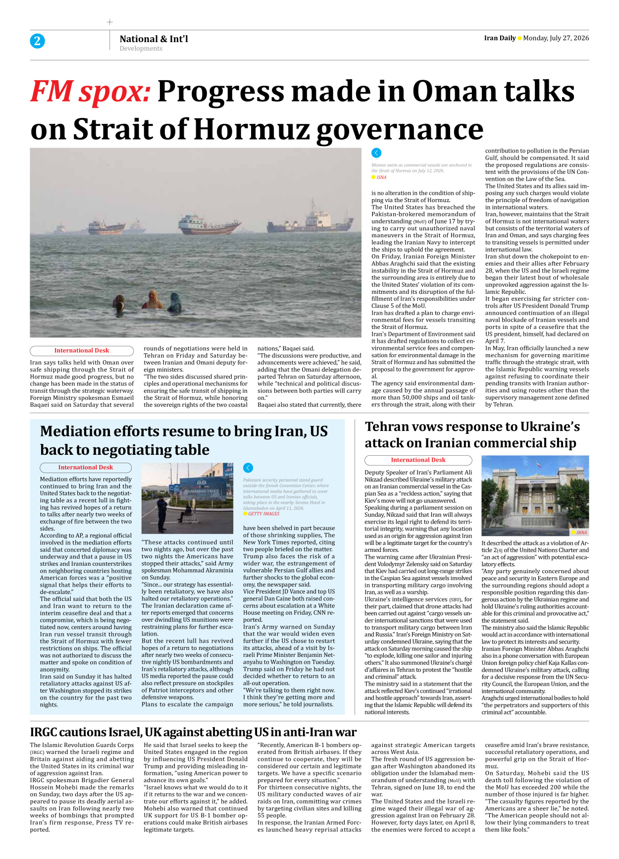Iran Daily - Number Eight Thousand One Hundred and Seventy Four - 27 July 2026 - Page 2