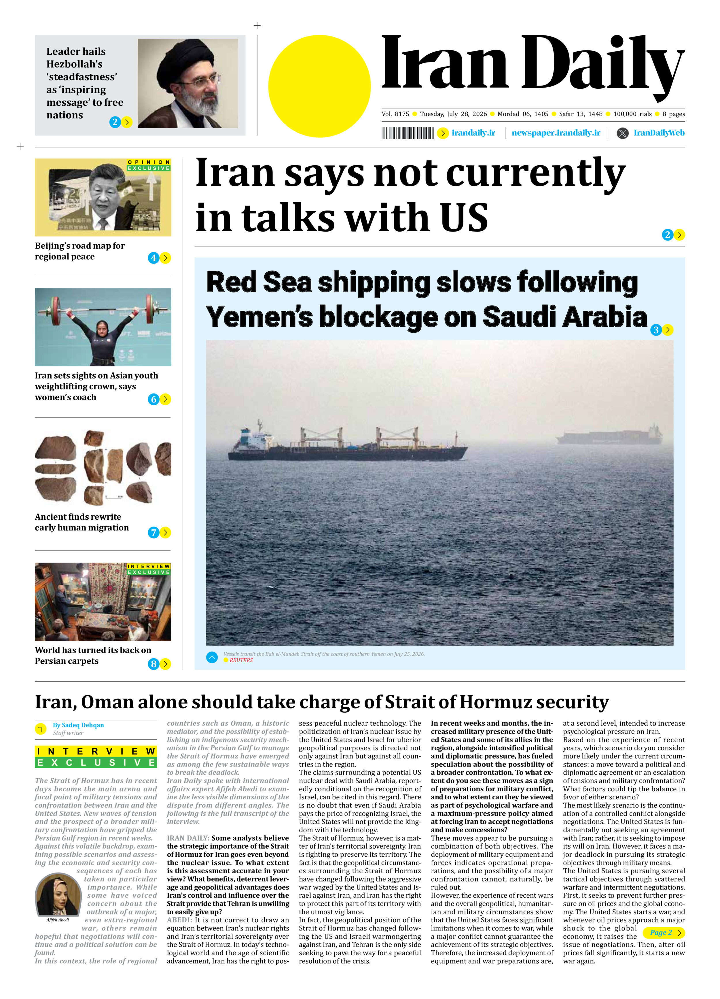 Iran Daily - Number Eight Thousand One Hundred and Seventy Five - 28 July 2026 - Page 1