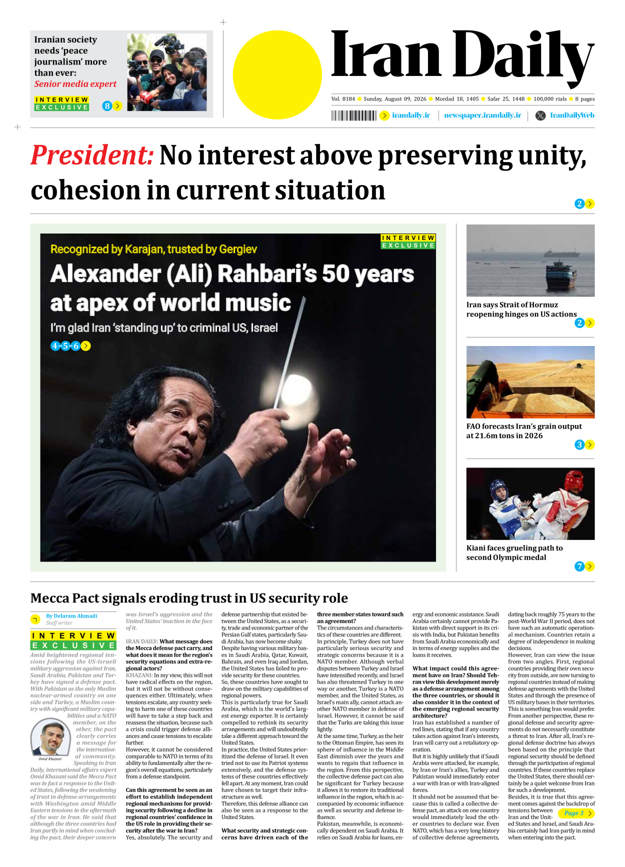 Iran Daily - Number Eight Thousand One Hundred and Eighty Four - 09 August 2026