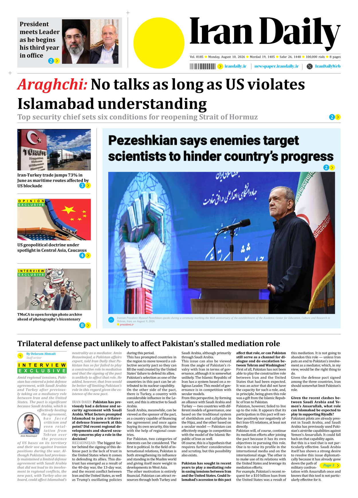 Iran Daily - Number Eight Thousand One Hundred and Eighty Five - 10 August 2026