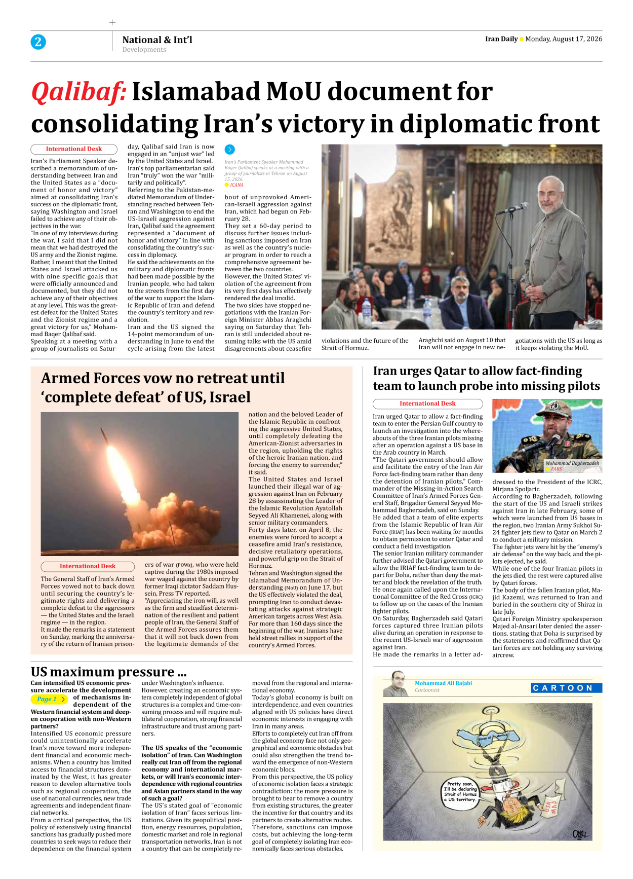 Iran Daily - Number Eight Thousand One Hundred and Eighty Nine - 17 August 2026 - Page 2
