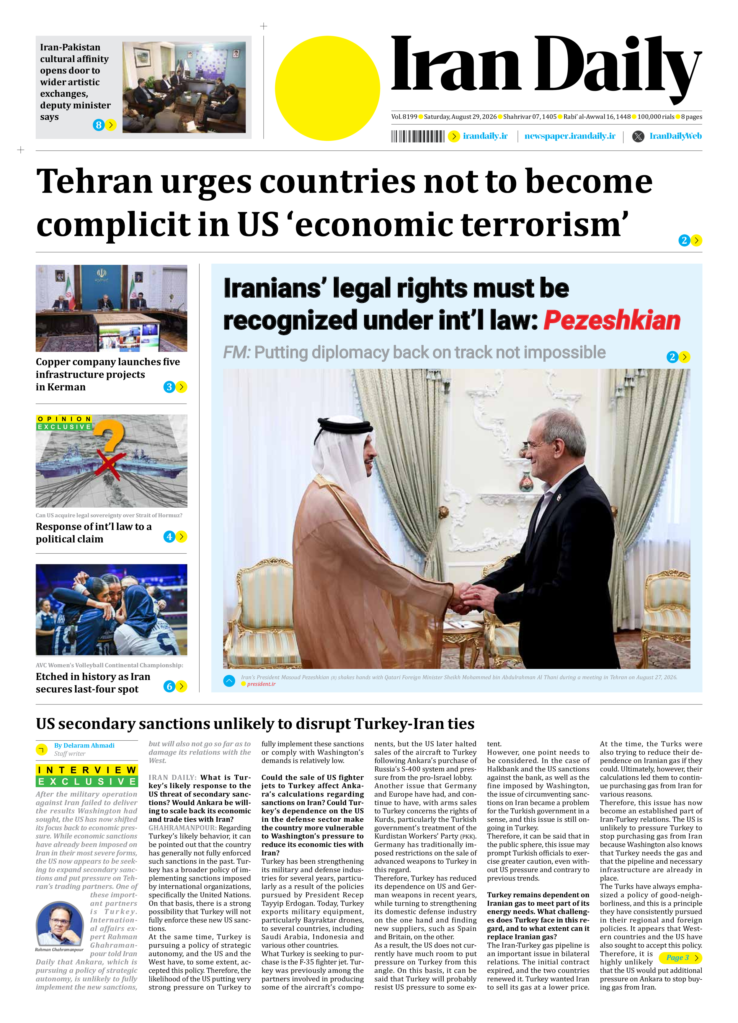 Iran Daily - Number Eight Thousand One Hundred and Ninety Nine - 29 August 2026 - Page 1