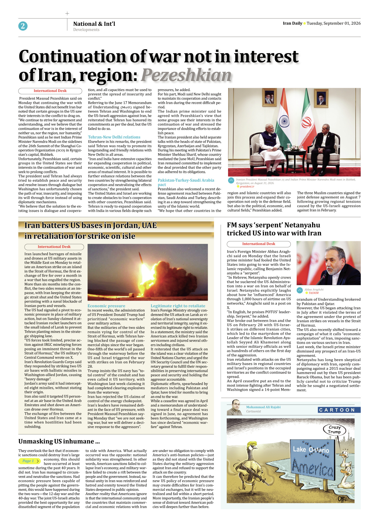 Iran Daily - Number Eight Thousand Two Hundred and One - 01 September 2026 - Page 2