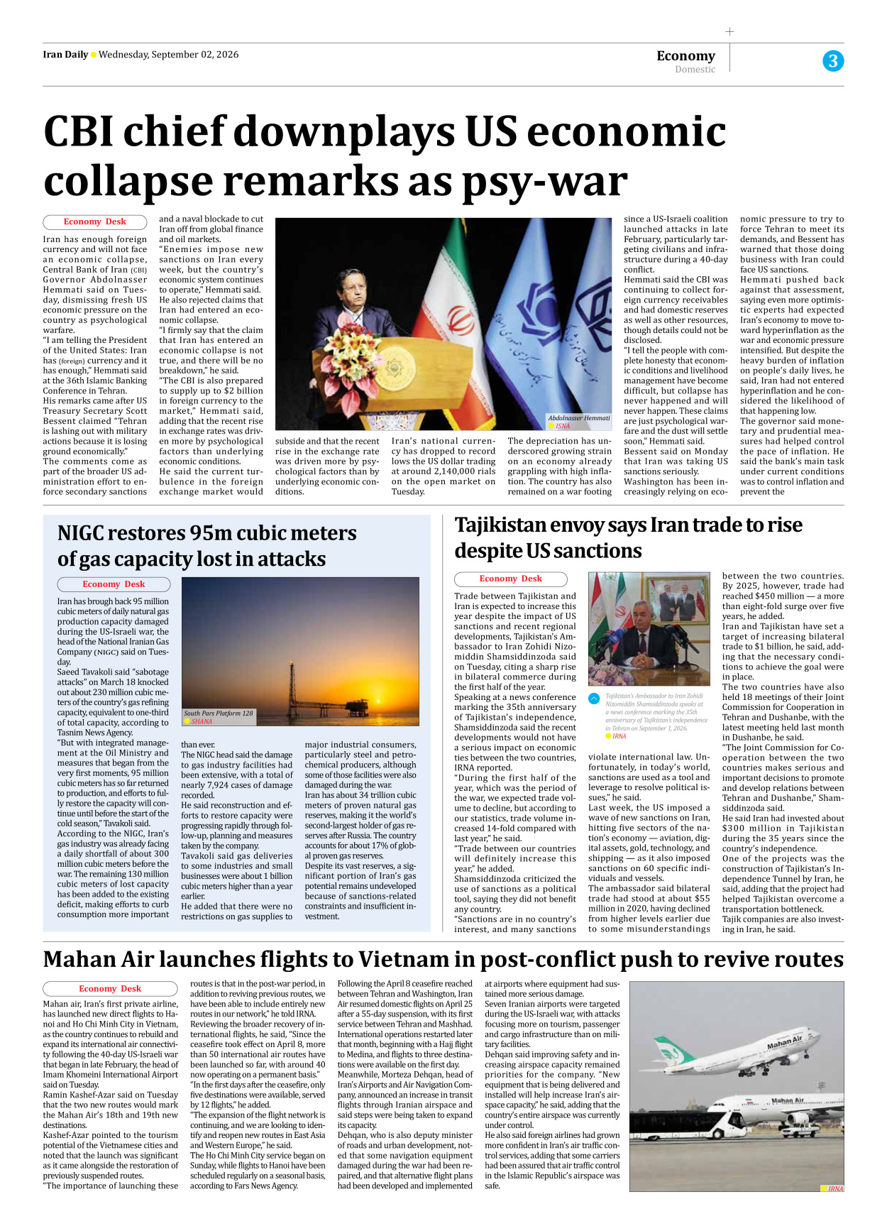 Iran Daily - Number Eight Thousand Two Hundred and Two - 02 September 2026 - Page 3