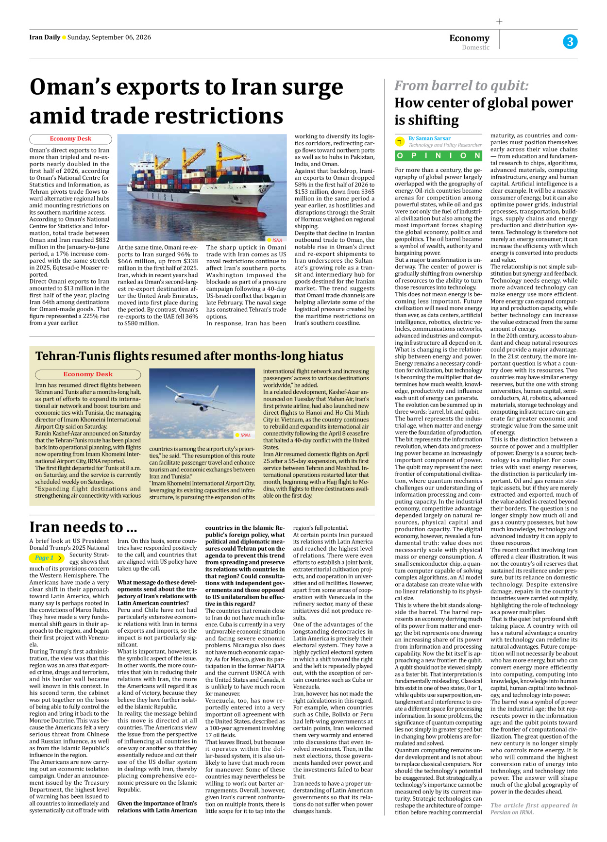 Iran Daily - Number Eight Thousand Two Hundred and Five - 06 September 2026 - Page 3