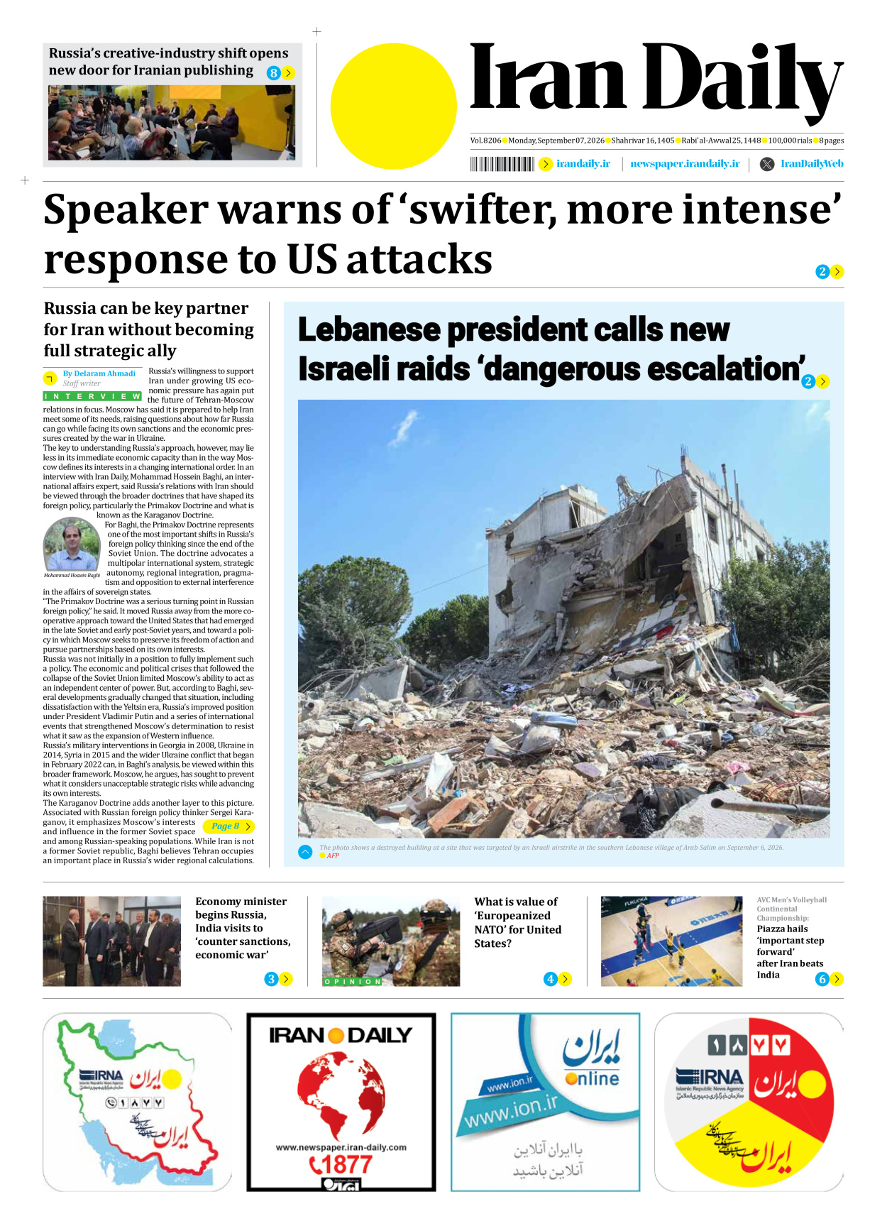 Iran Daily - Number Eight Thousand Two Hundred and Six - 07 September 2026