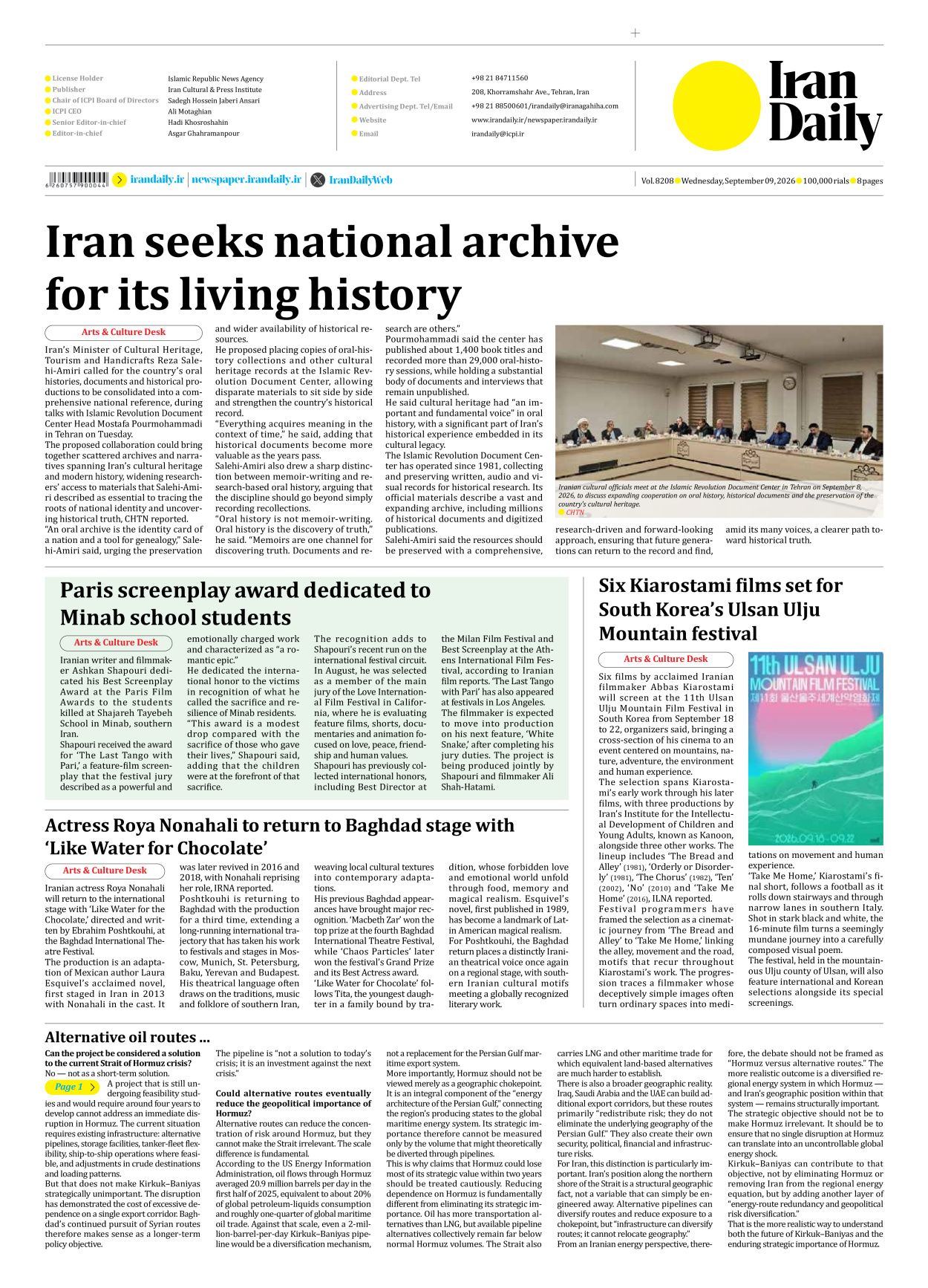 Iran Daily - Number Eight Thousand Two Hundred and Eight - 09 September 2026 - Page 8