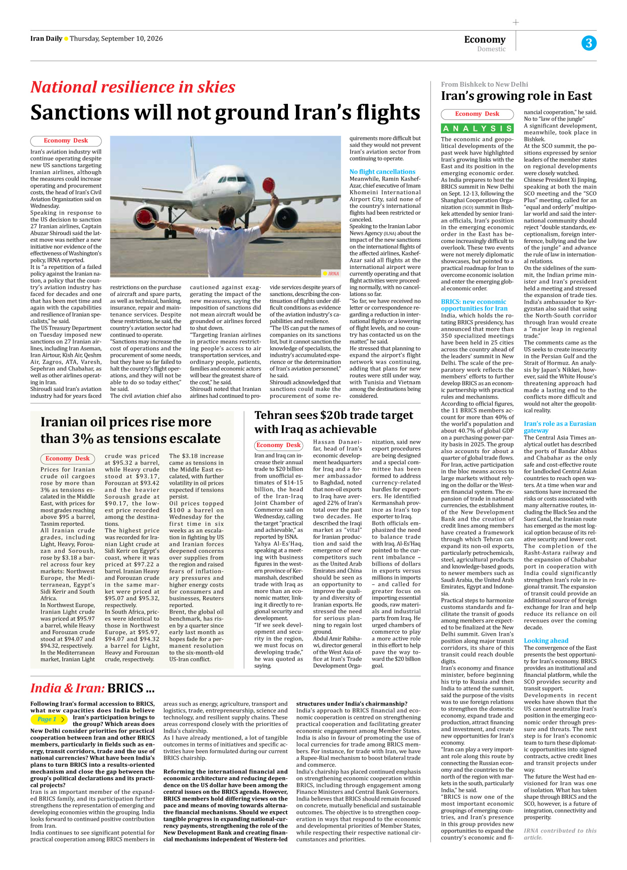 Iran Daily - Number Eight Thousand Two Hundred and Nine - 10 September 2026 - Page 3