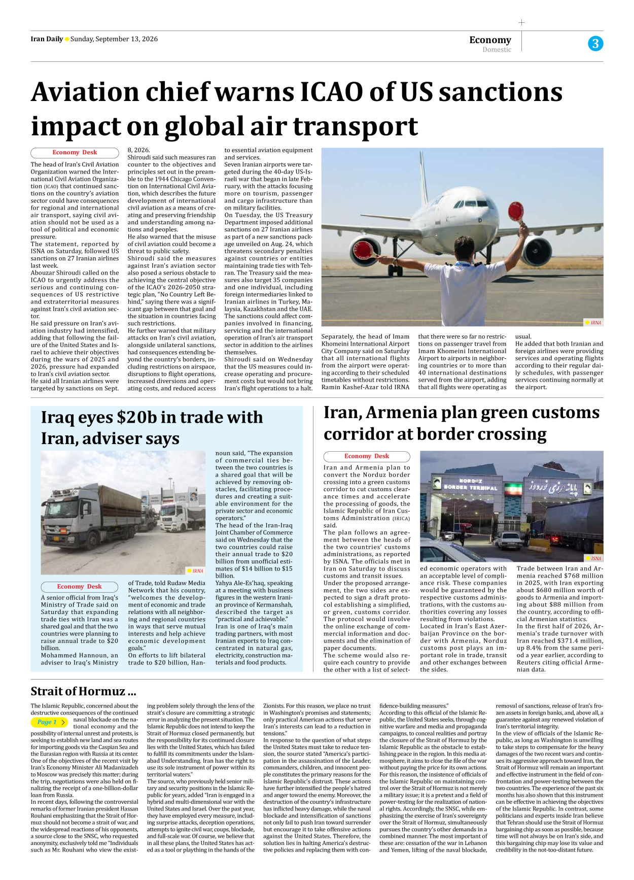 Iran Daily - Number Eight Thousand Two Hundred and Eleven - 13 September 2026 - Page 3