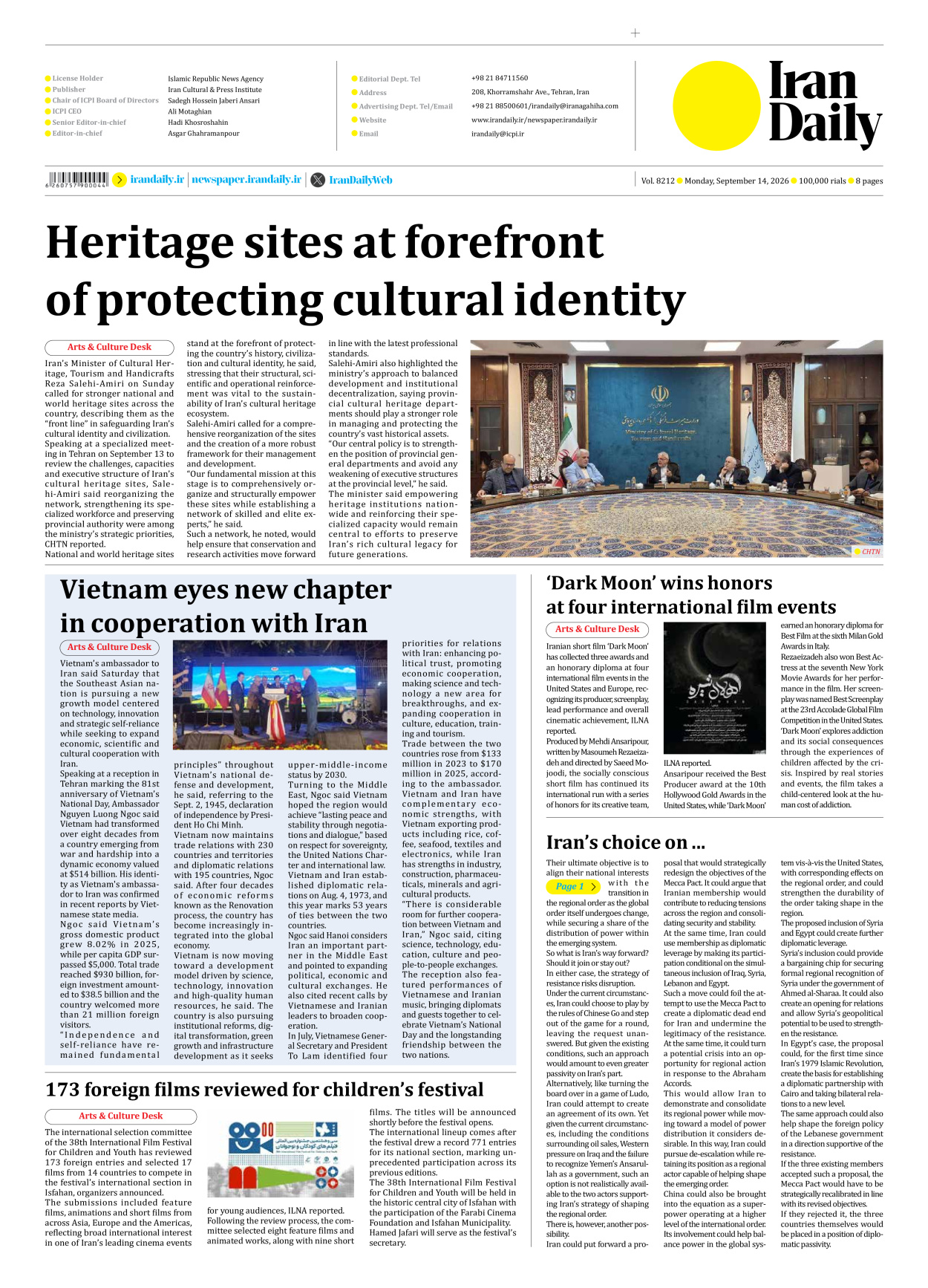 Iran Daily - Number Eight Thousand Two Hundred and Twelve - 14 September 2026 - Page 8